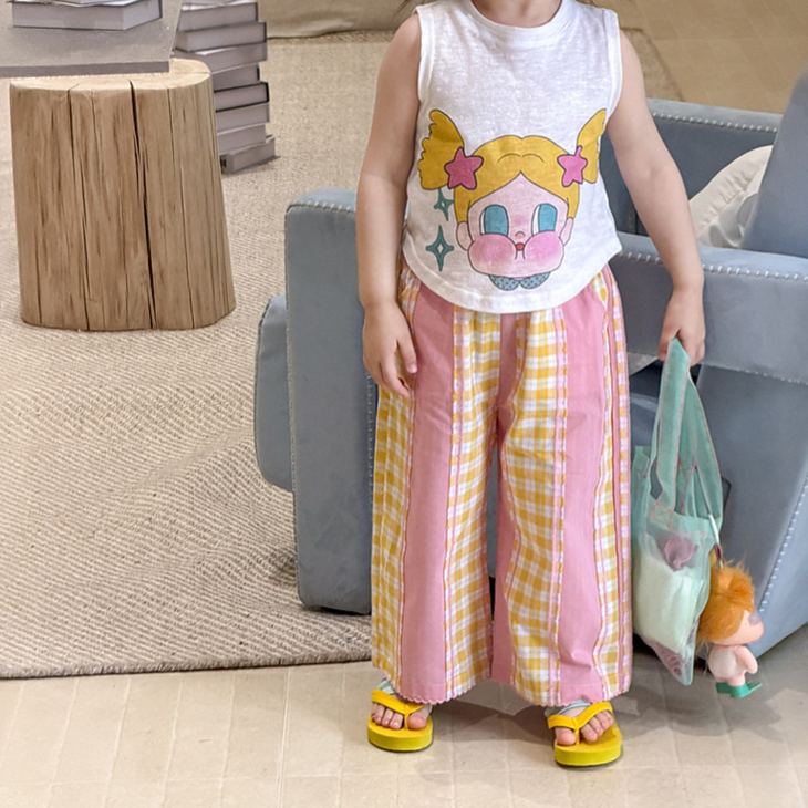 Kids Contrasting Colors Checkerboard Stripe Pants
