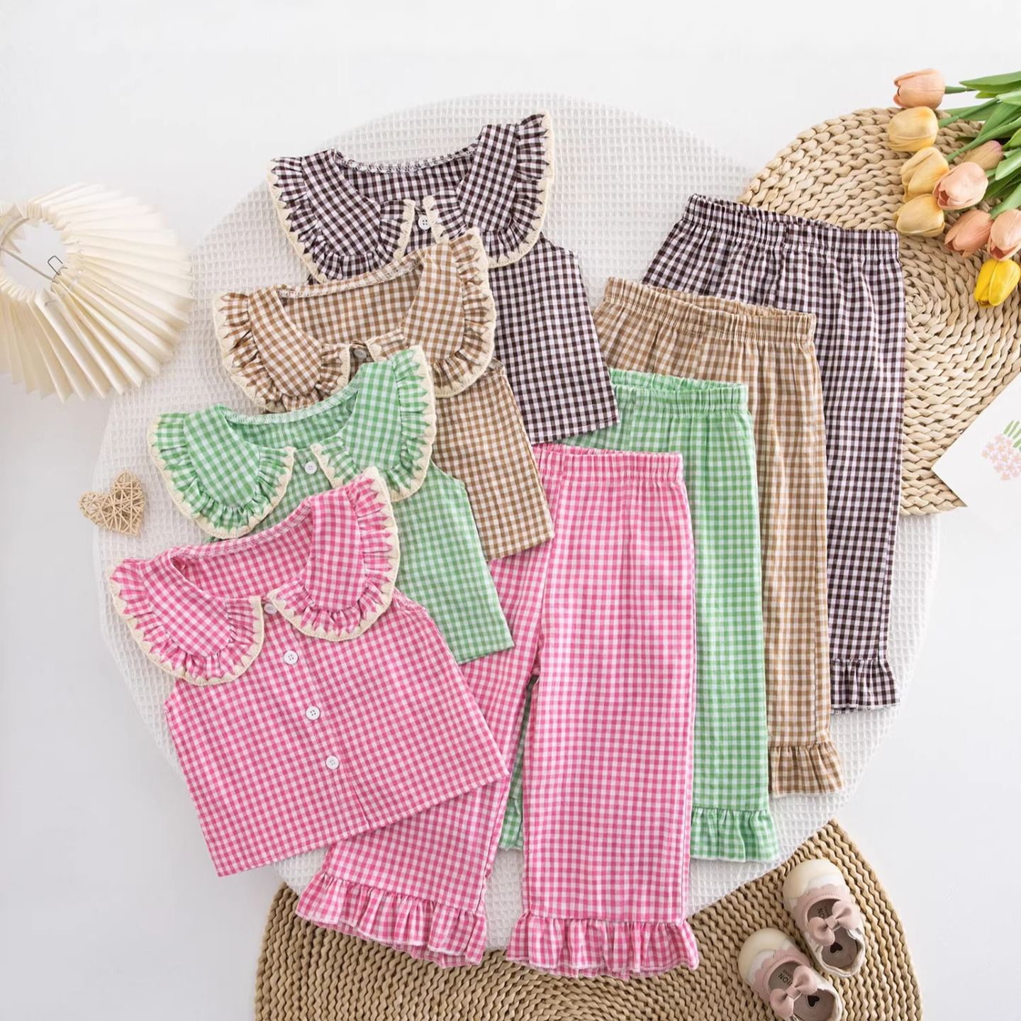 Toddler Checkered Lace Lapel Top and Ruffles Pants Set