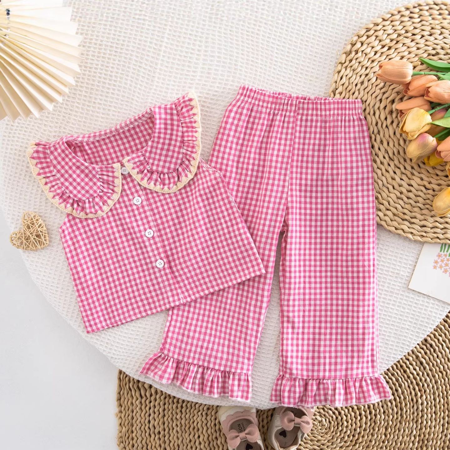 Toddler Checkered Lace Lapel Top and Ruffles Pants Set