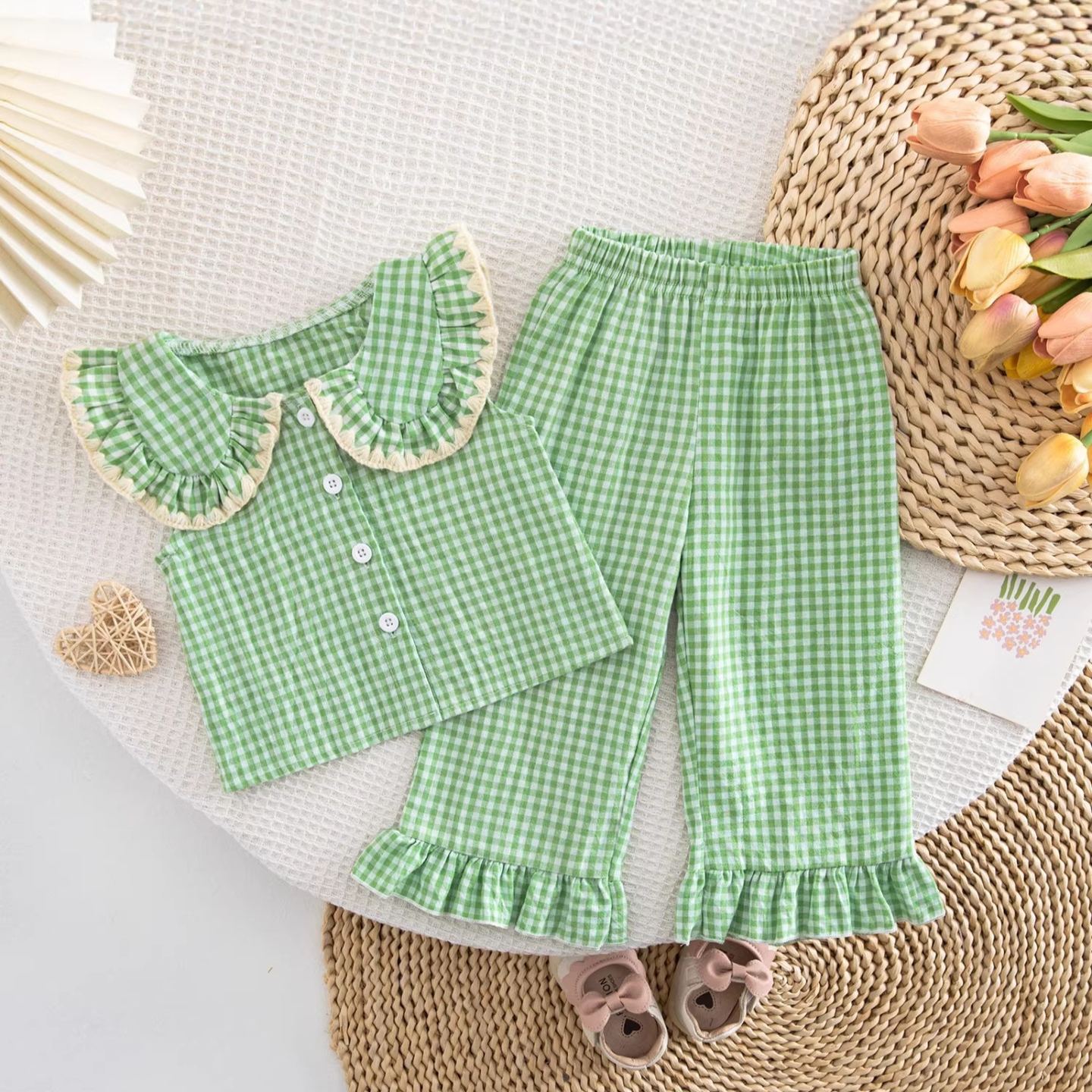 Toddler Checkered Lace Lapel Top and Ruffles Pants Set