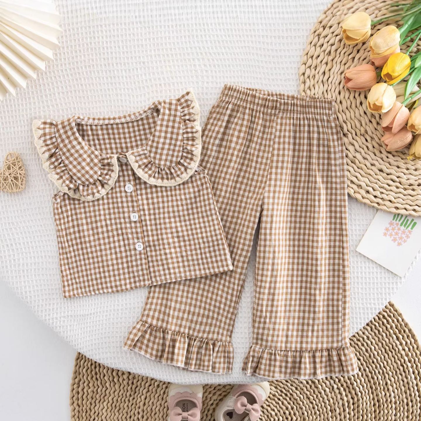 Toddler Checkered Lace Lapel Top and Ruffles Pants Set