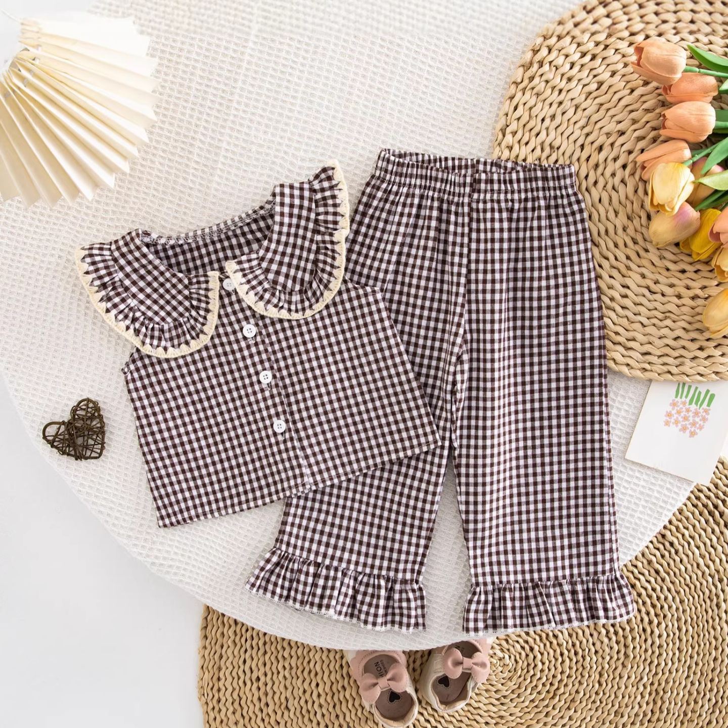 Toddler Checkered Lace Lapel Top and Ruffles Pants Set