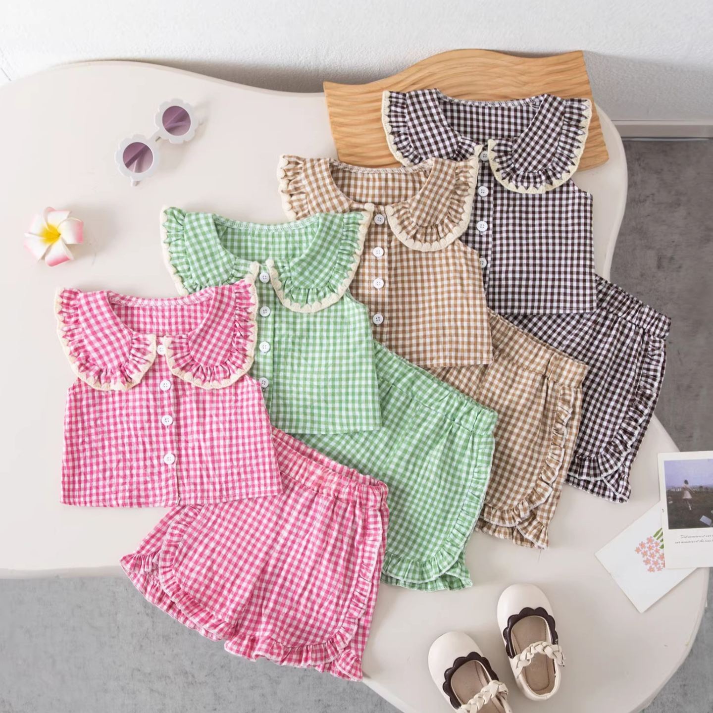 Baby Toddler Checkered Lace Lapel Top and Ruffles Short Pants Set