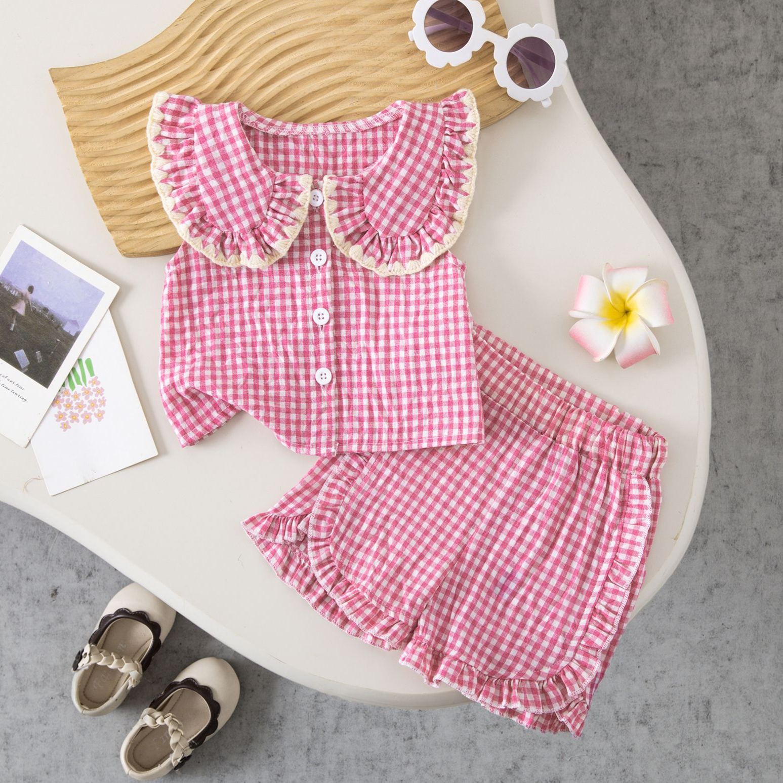 Baby Toddler Checkered Lace Lapel Top and Ruffles Short Pants Set