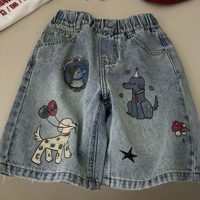 Kids Dog Pattern Denim Short Pants