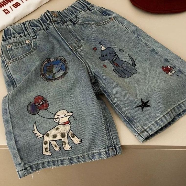 Kids Dog Pattern Denim Short Pants