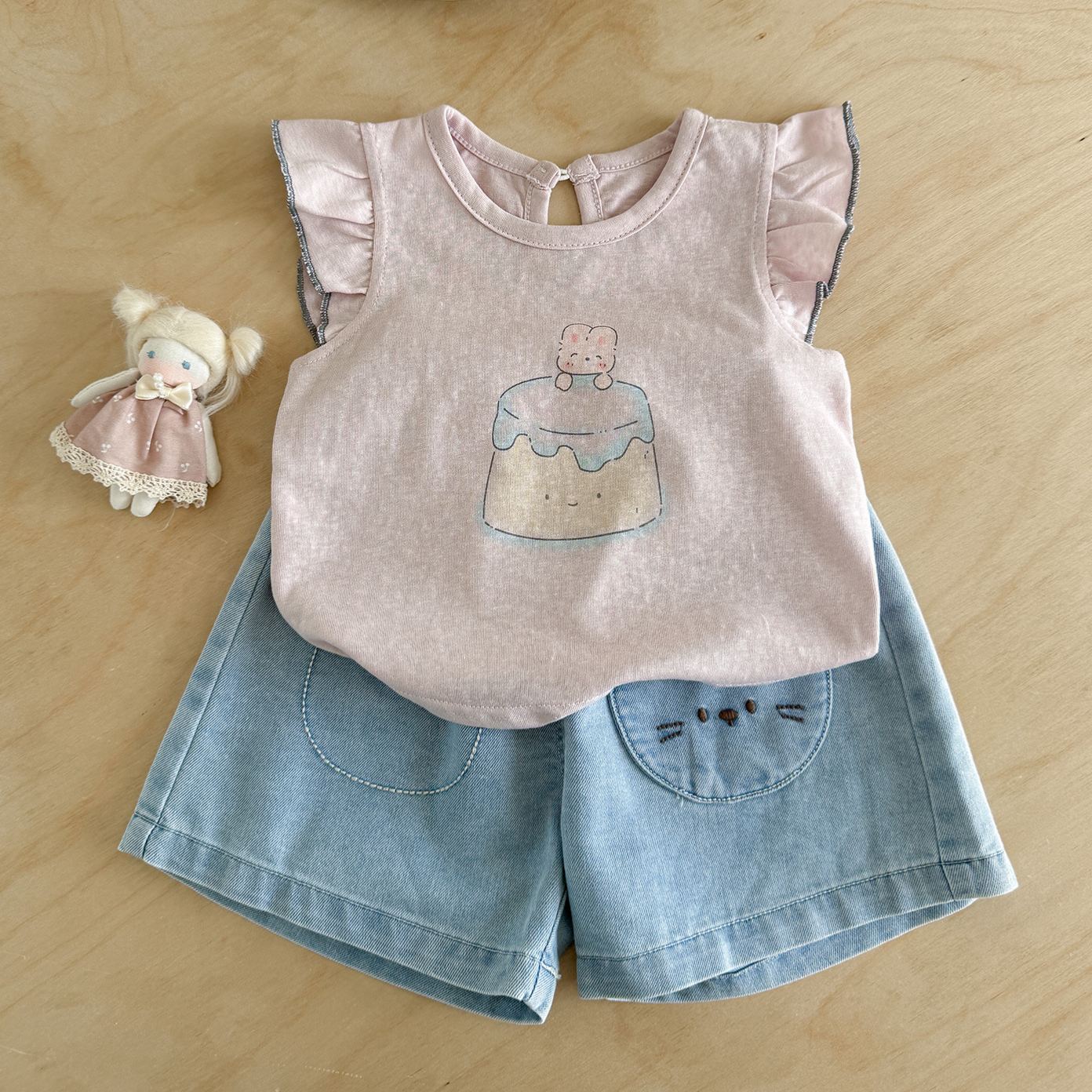 Baby Flying Sleeves Vest Top and Cat Denim Short Pants Set