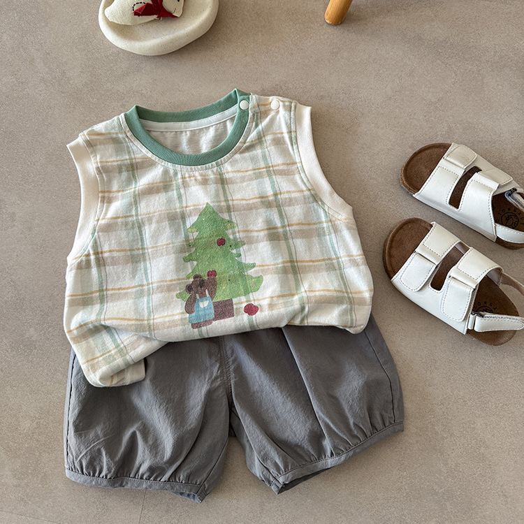 Baby plaid Cartoon Print Top and Pants Set