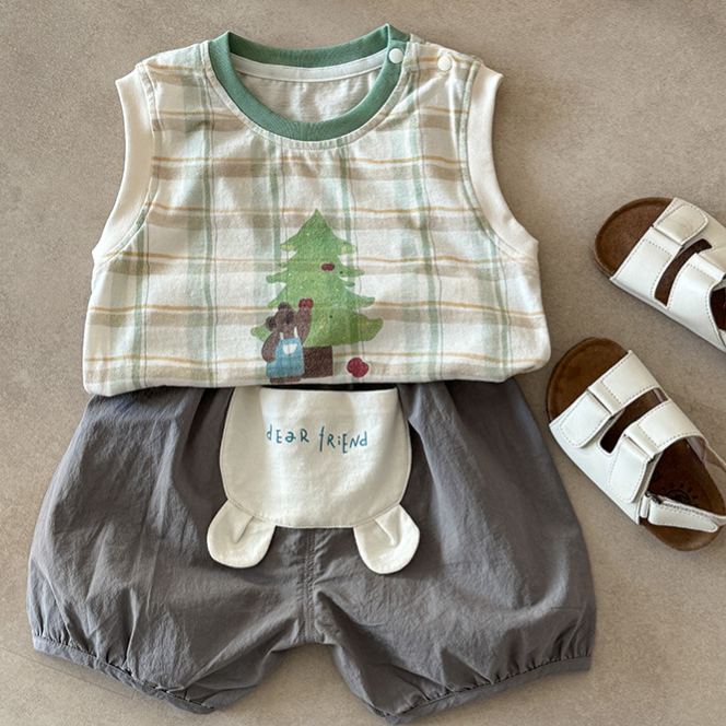 Baby plaid Cartoon Print Top and Pants Set