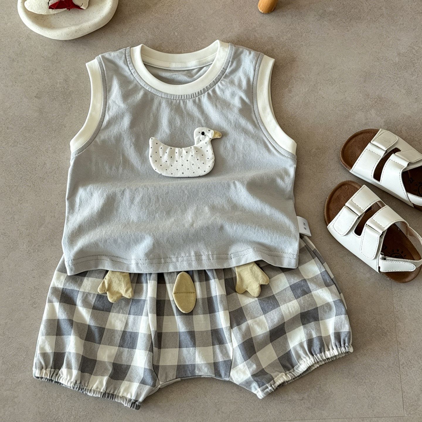 Baby Duck Vest Top and Plaid Short Pants Set