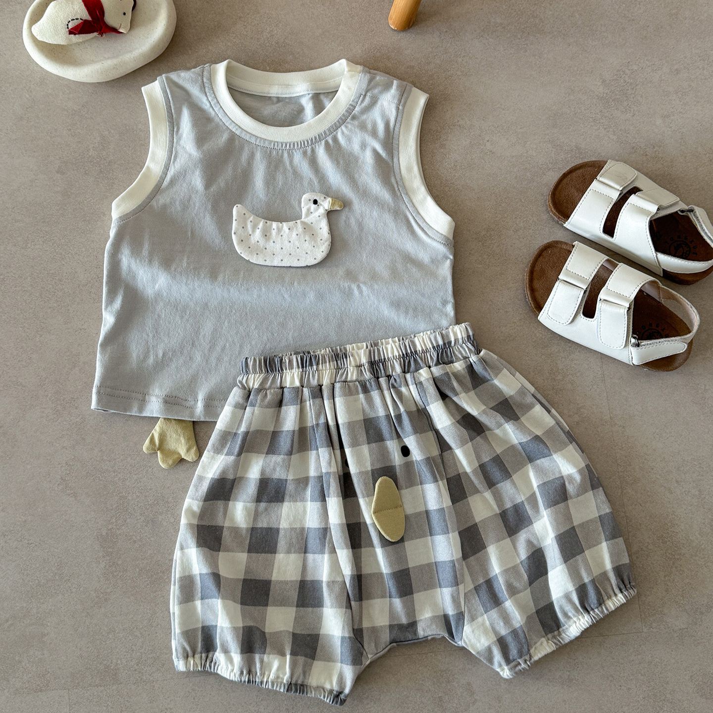 Baby Duck Vest Top and Plaid Short Pants Set