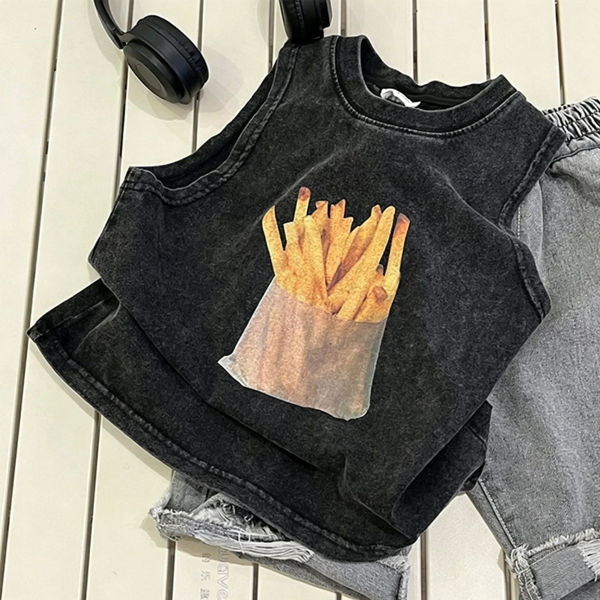 Kids Retro Distressed Fries Vest Denim Top