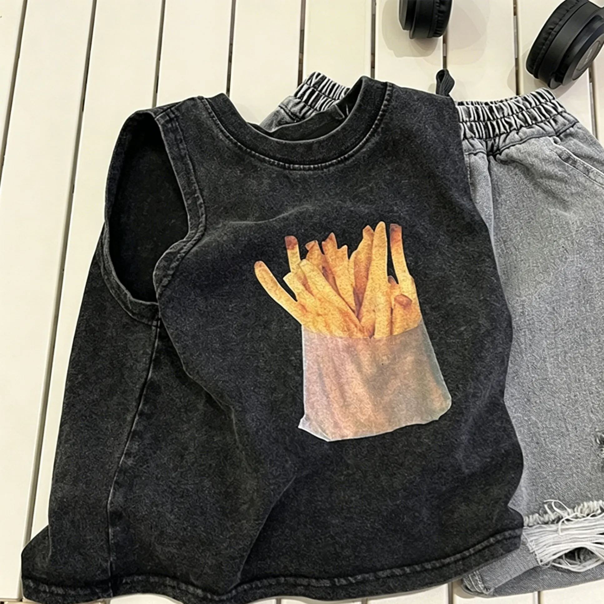 Kids Retro Distressed Fries Vest Denim Top