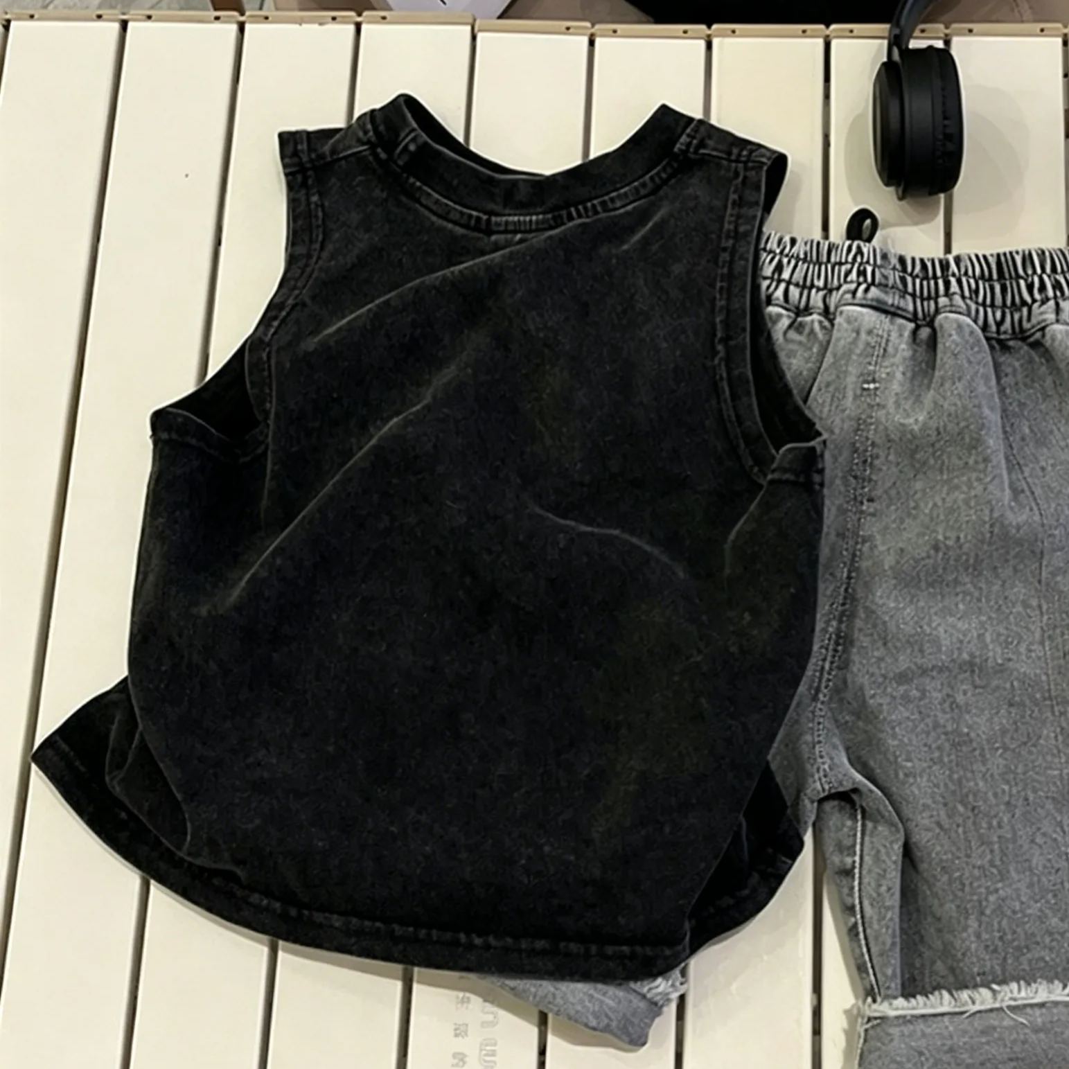 Kids Retro Distressed Fries Vest Denim Top