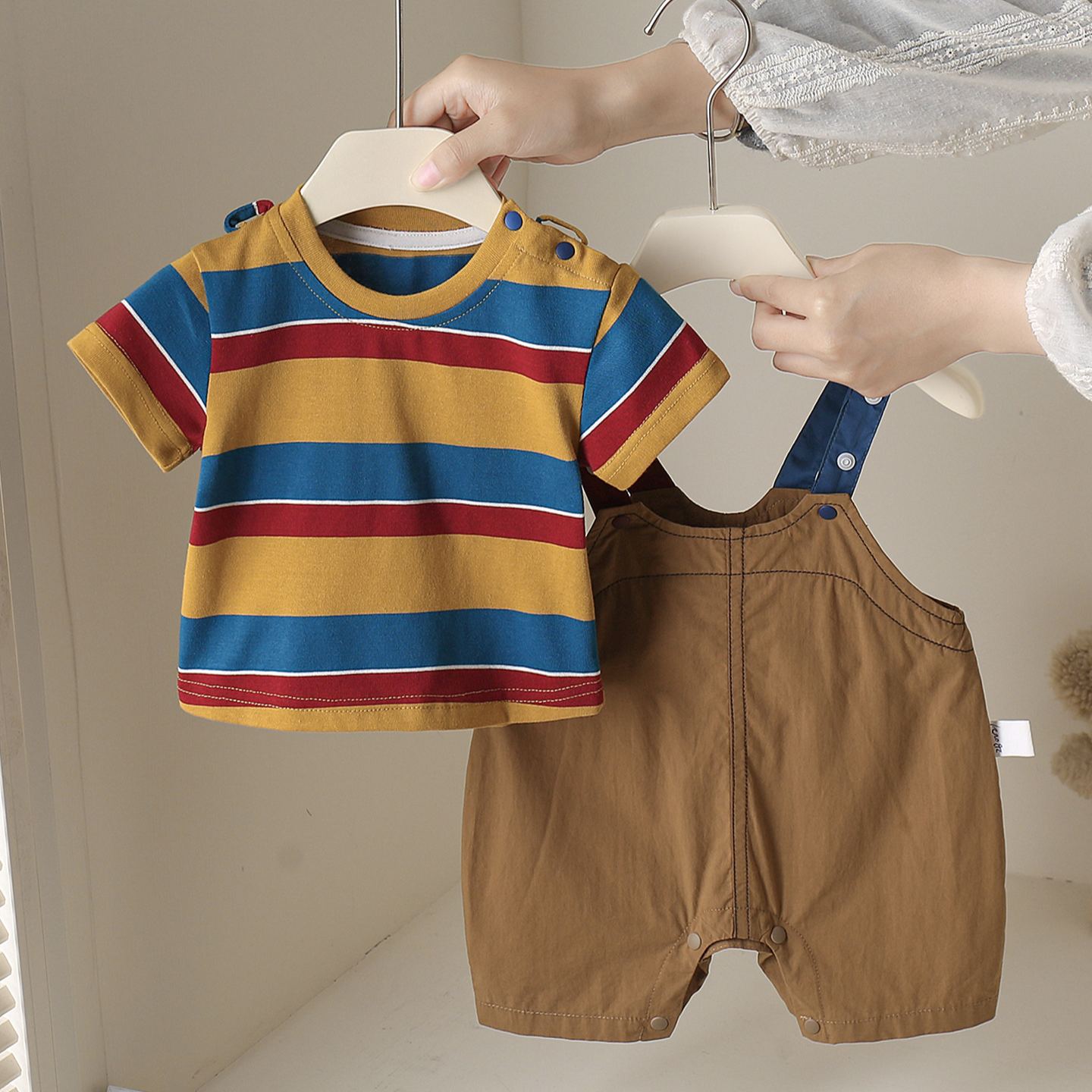 Baby Striped Short Sleeved Overalls 2-piece set