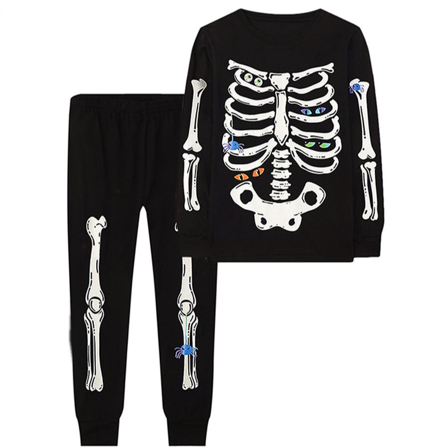 Kids Halloween Glow Dark Skull Long Sleeves Top and Pants Set