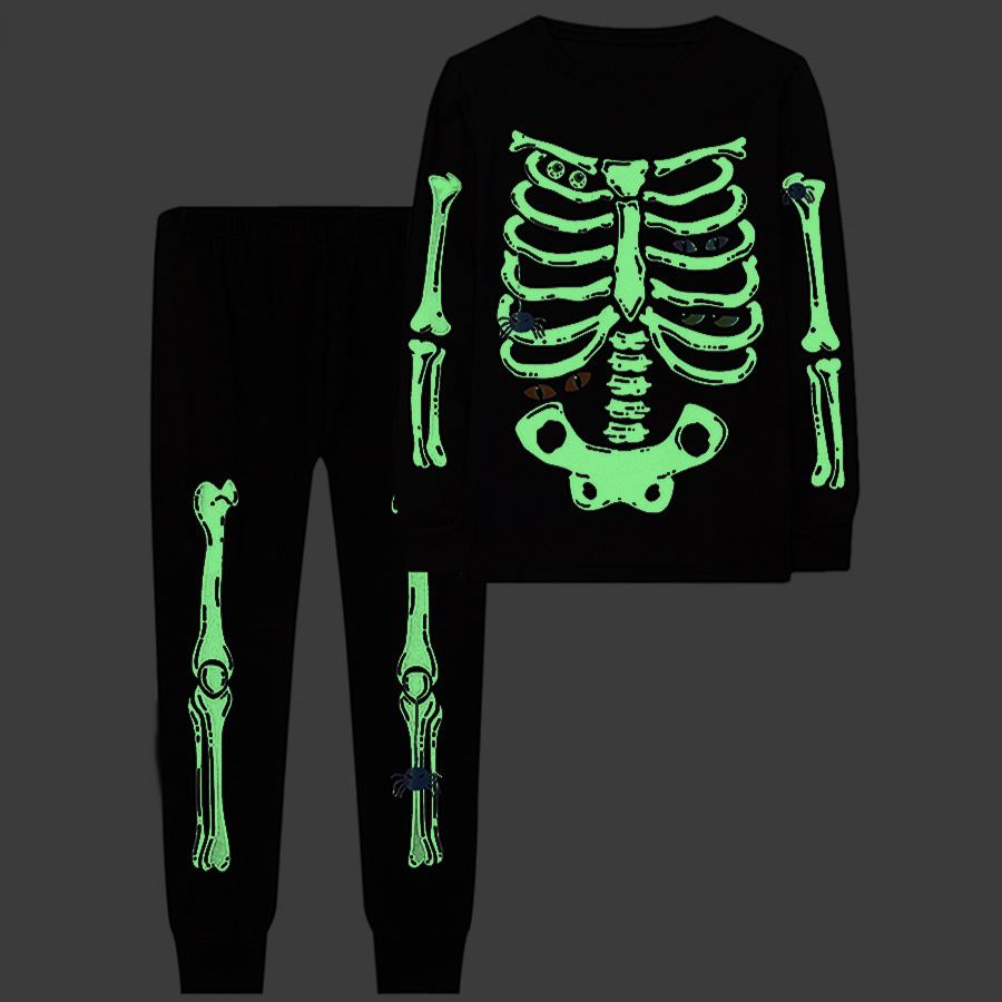 Kids Halloween Glow Dark Skull Long Sleeves Top and Pants Set