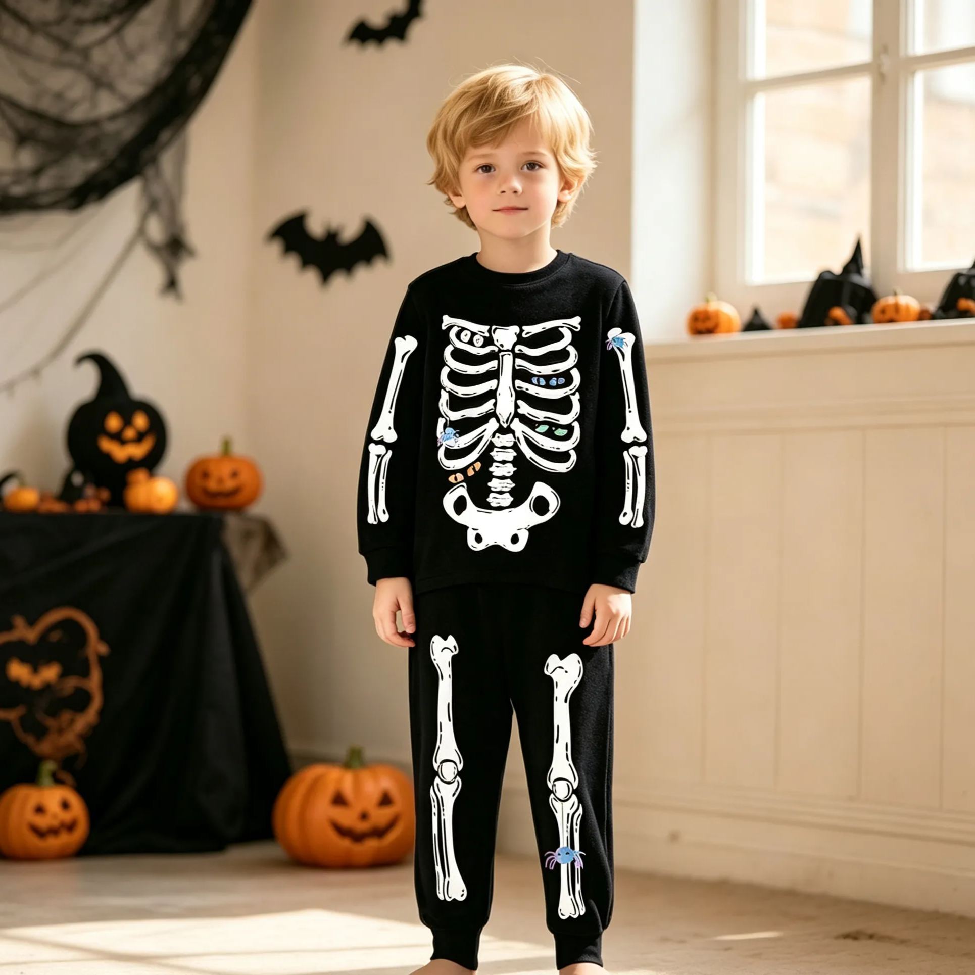 Kids Halloween Glow Dark Skull Long Sleeves Top and Pants Set