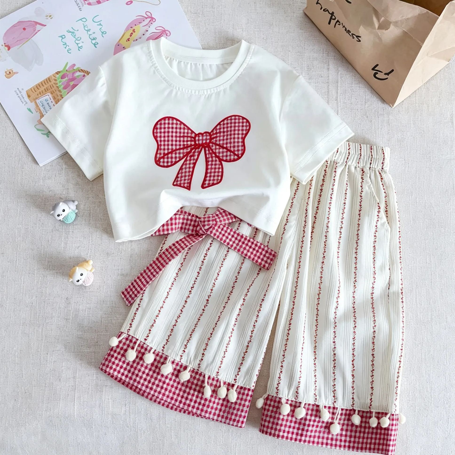 Kids Bow Top and Floral Striped Plaid Pants Set
