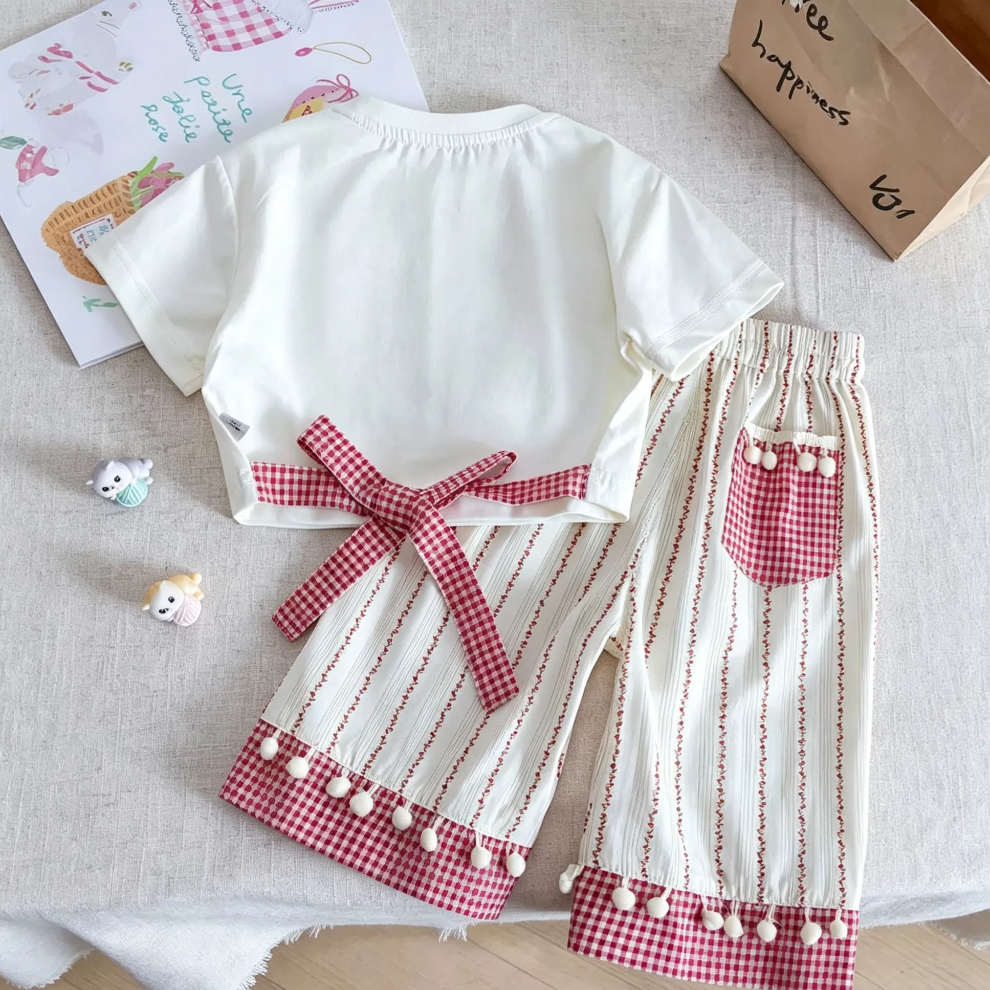 Kids Bow Top and Floral Striped Plaid Pants Set