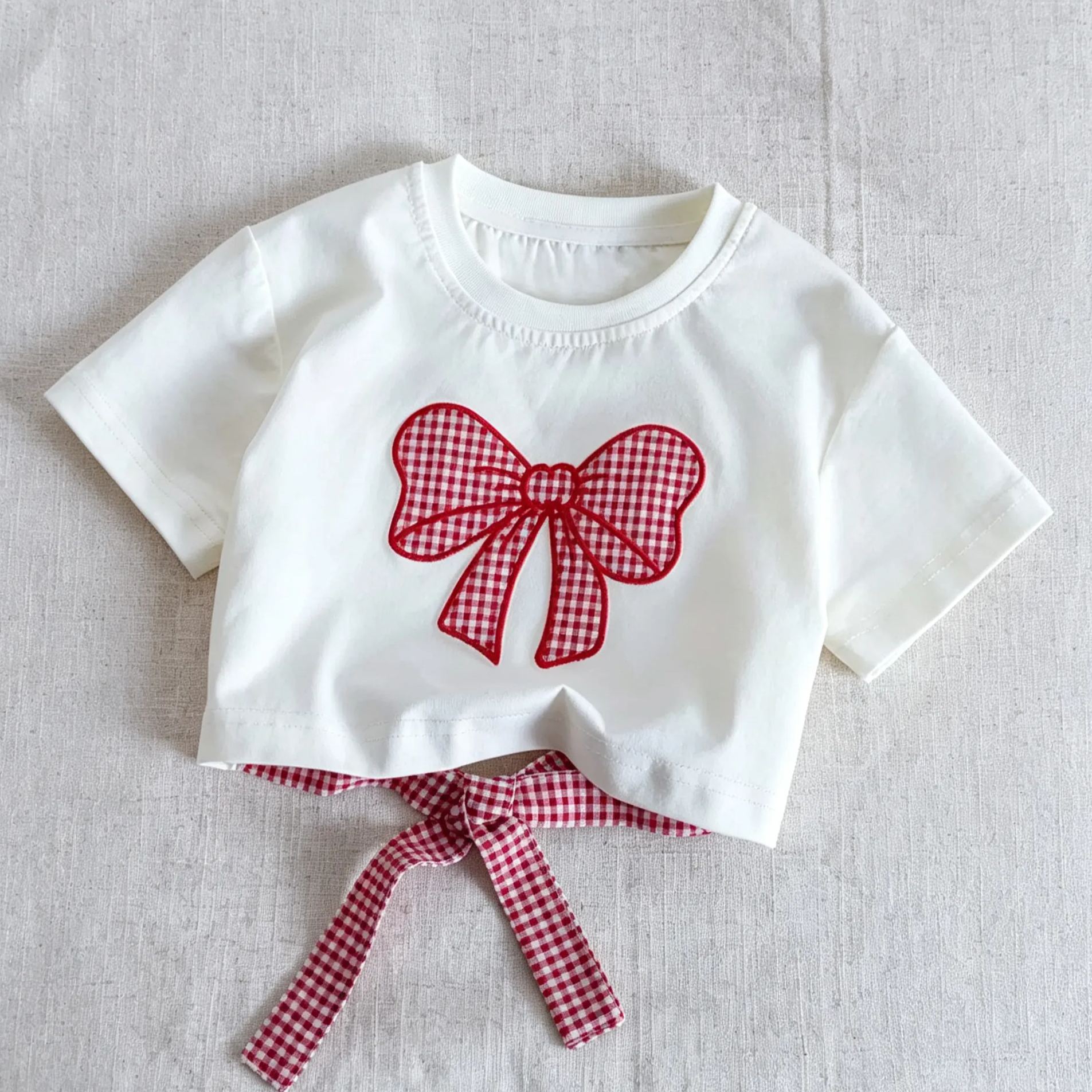 Kids Bow Top and Floral Striped Plaid Pants Set