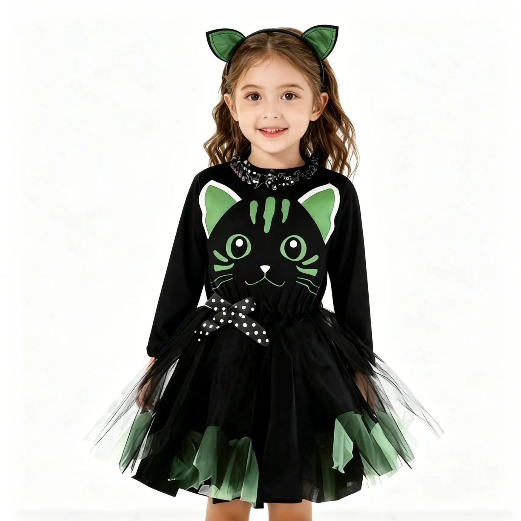 Kids Halloween Black Cat Mesh Dress