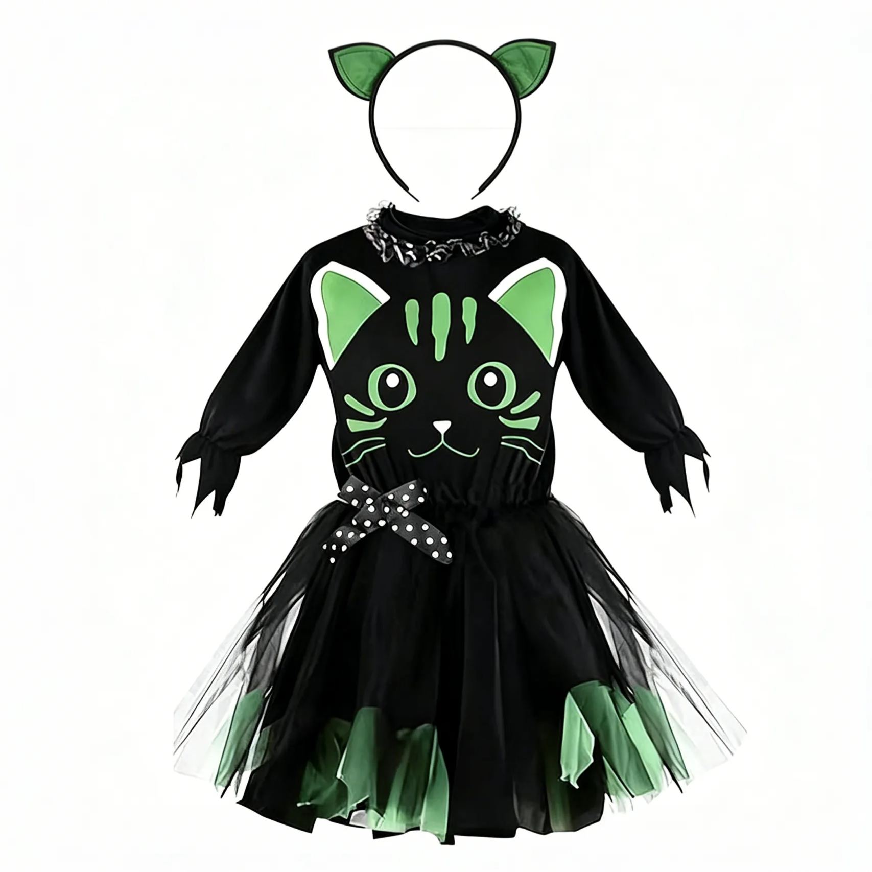 Kids Halloween Black Cat Mesh Dress