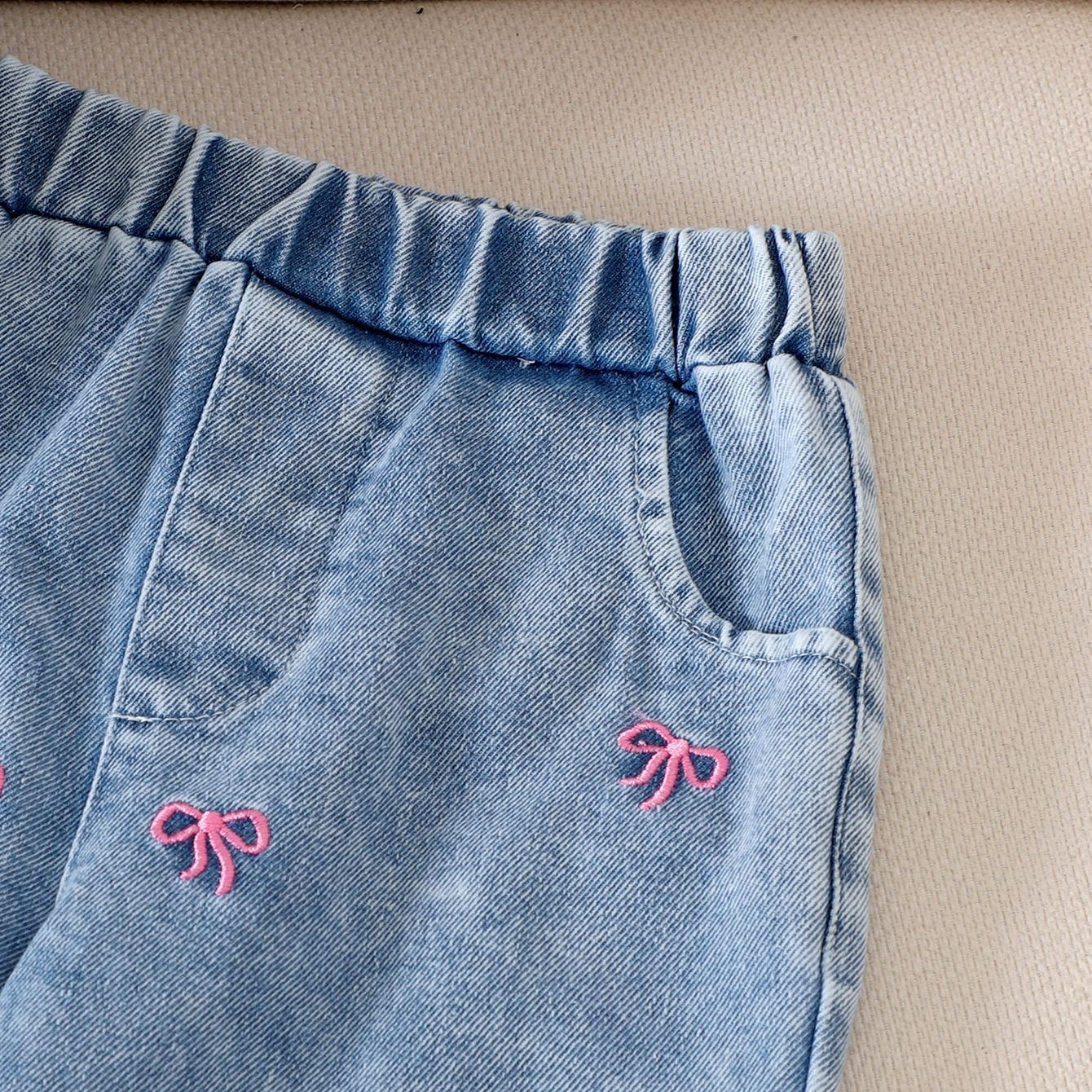 Baby Embroidered Bow Long Sleeve Denim Outerwear and Pants Set