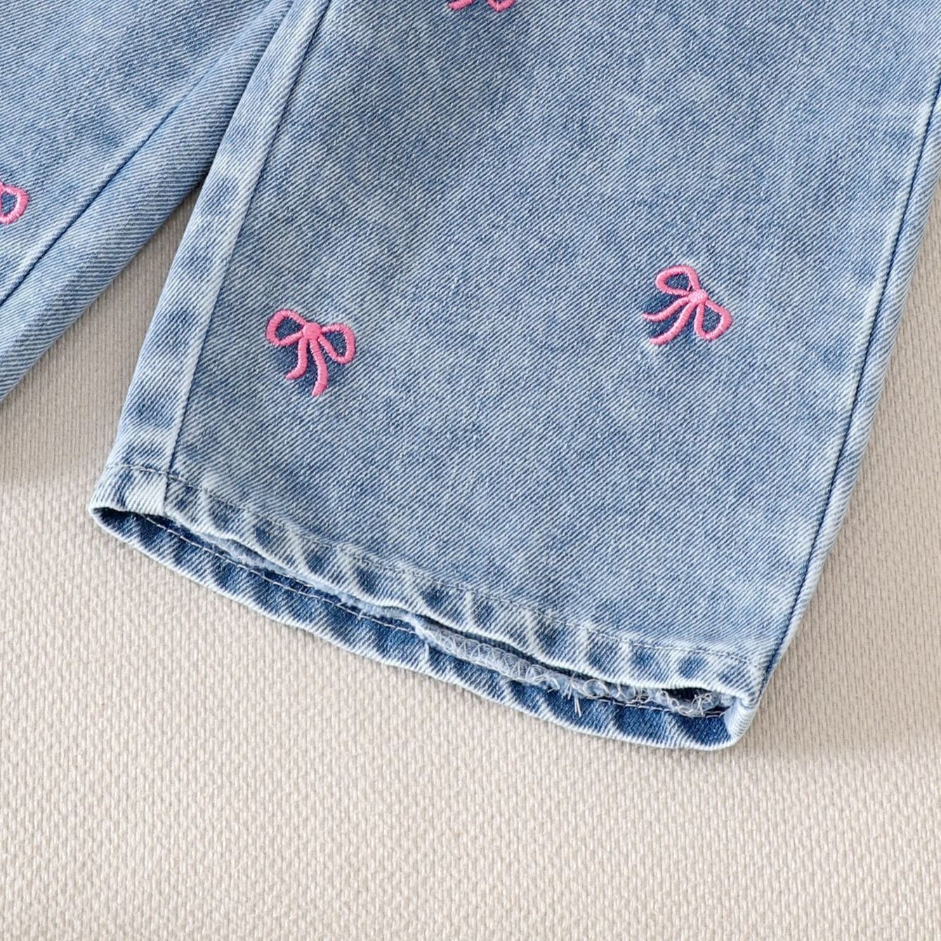 Baby Embroidered Bow Long Sleeve Denim Outerwear and Pants Set