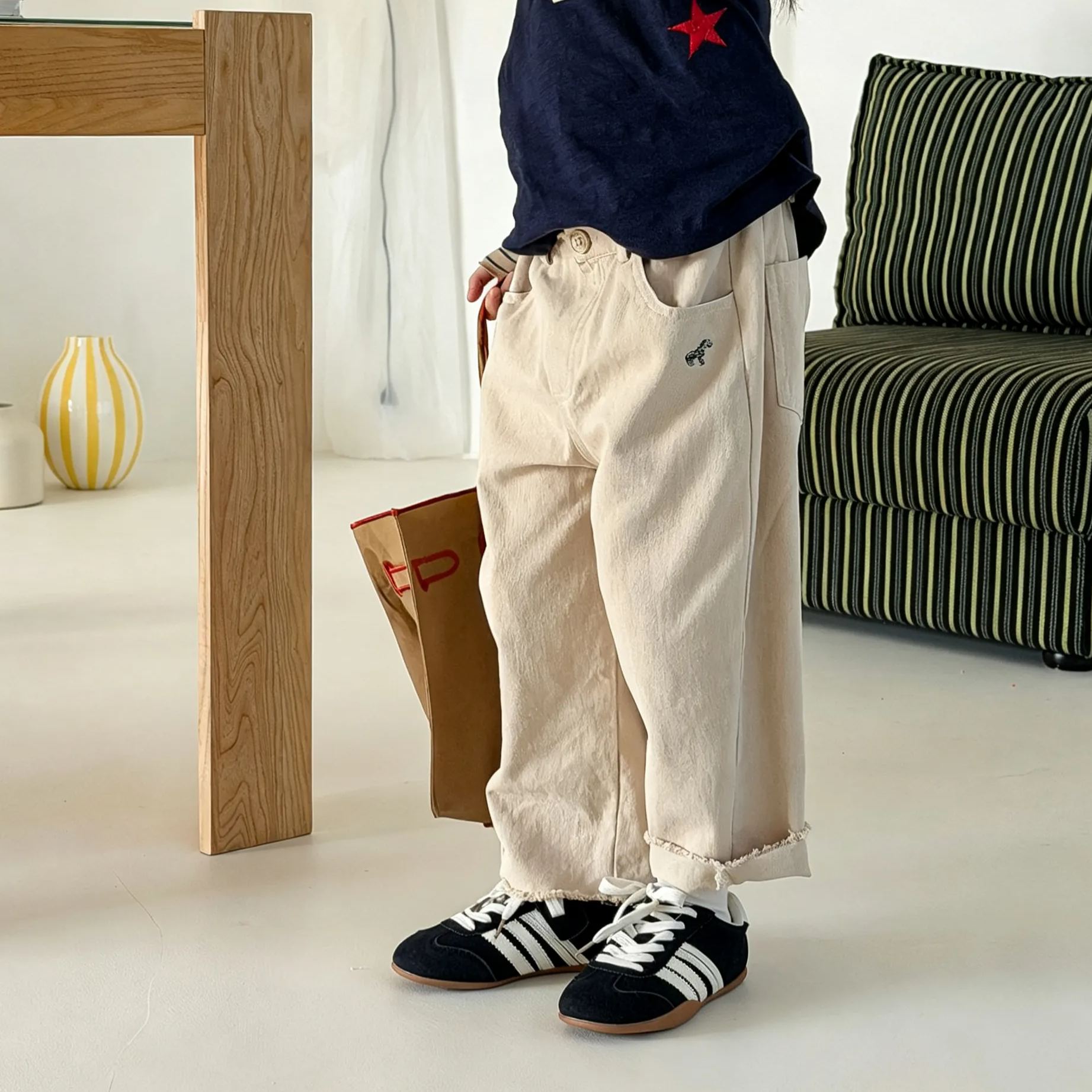 Kids Solid Color Horse Embroidery Pants