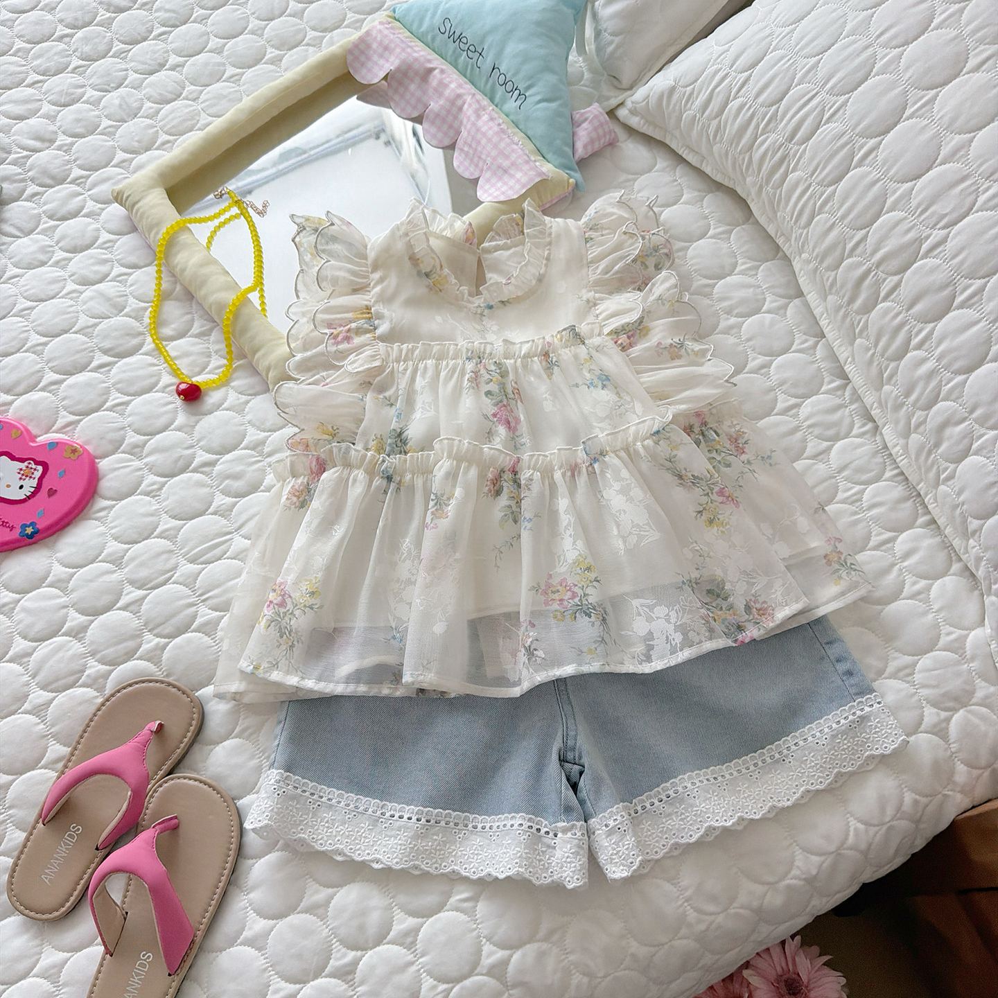 Kids Floral Lace Trim Top and Denim shorts Set