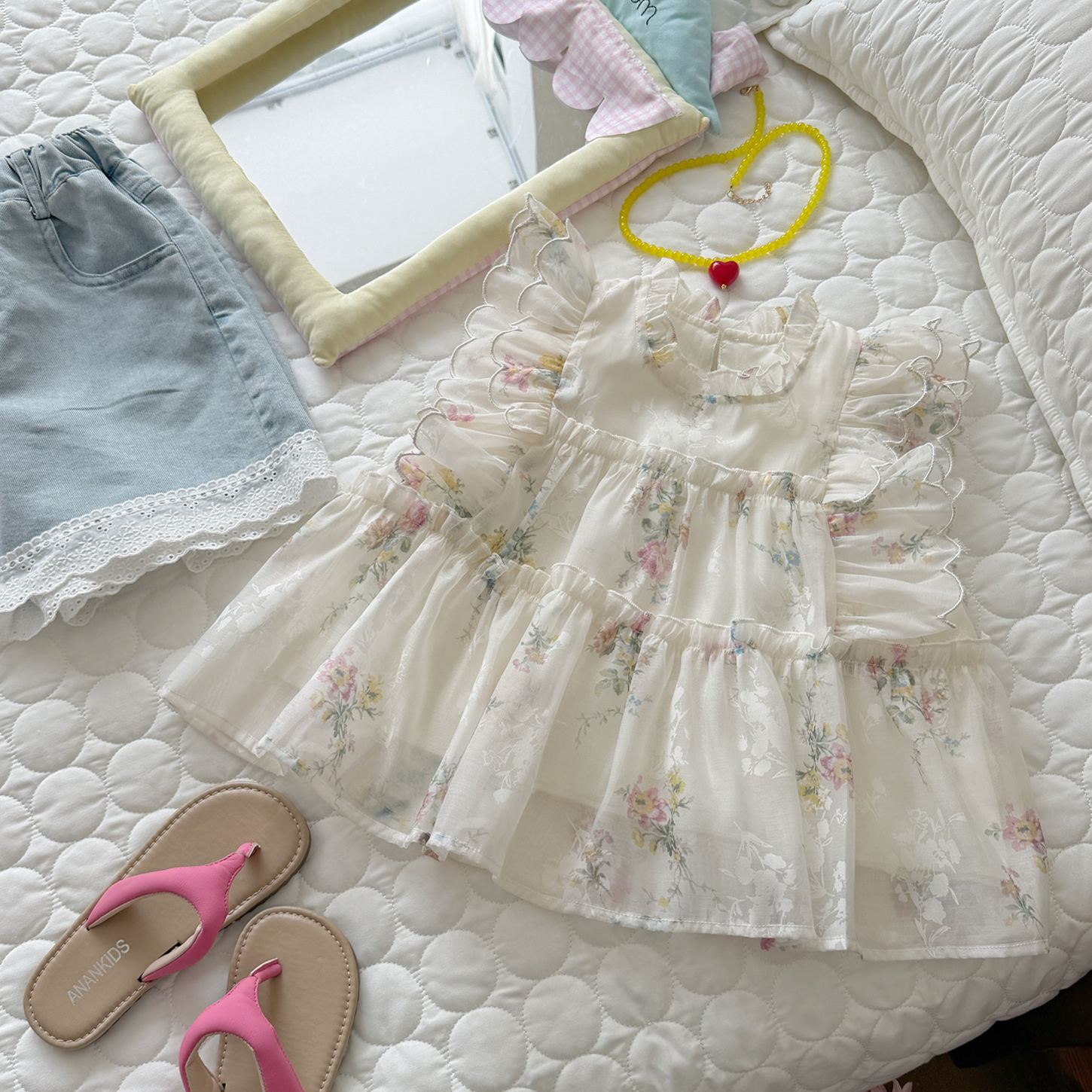 Kids Floral Lace Trim Top and Denim shorts Set
