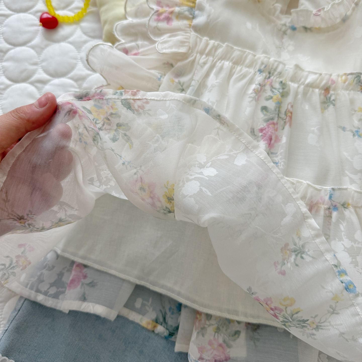 Kids Floral Lace Trim Top and Denim shorts Set