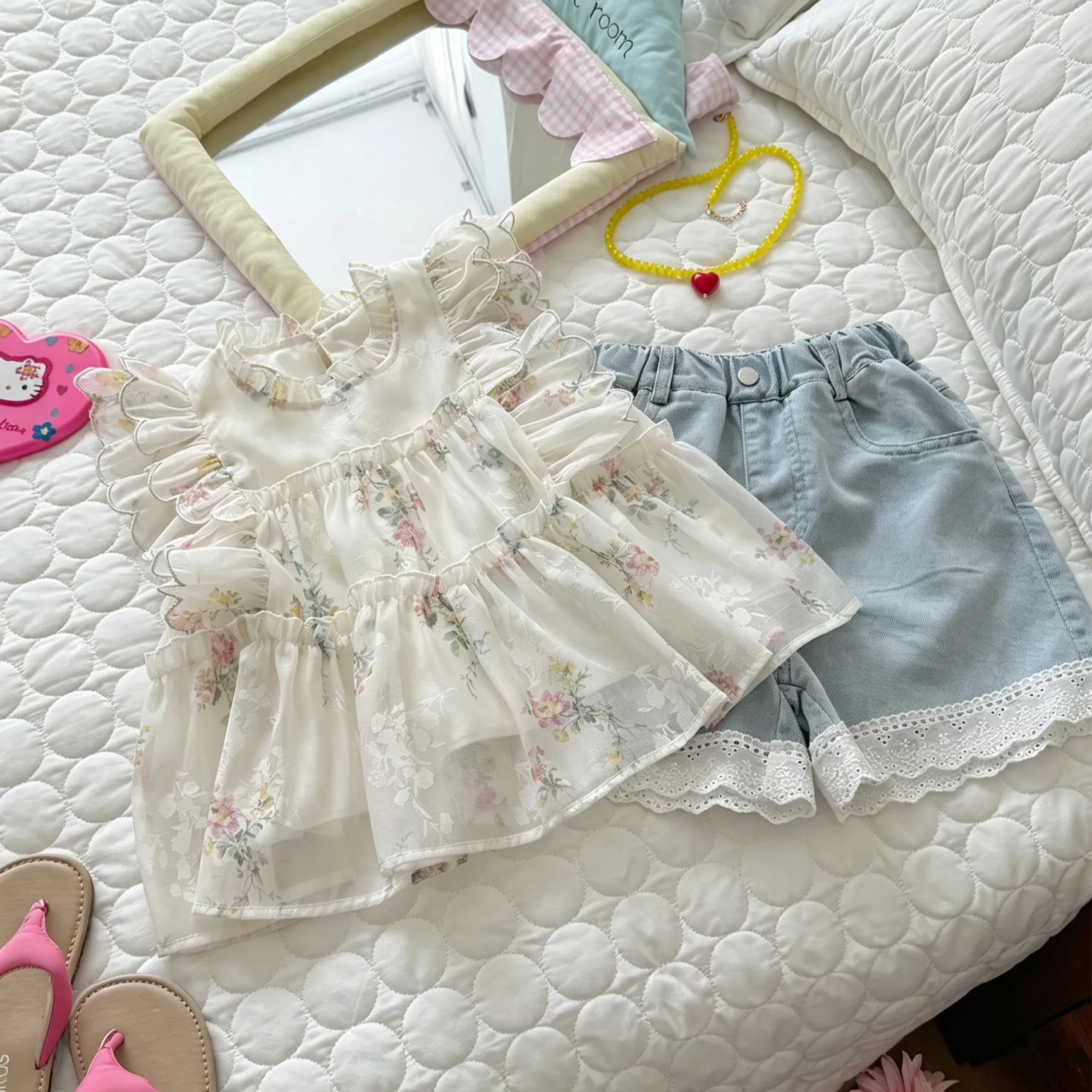 Kids Floral Lace Trim Top and Denim shorts Set