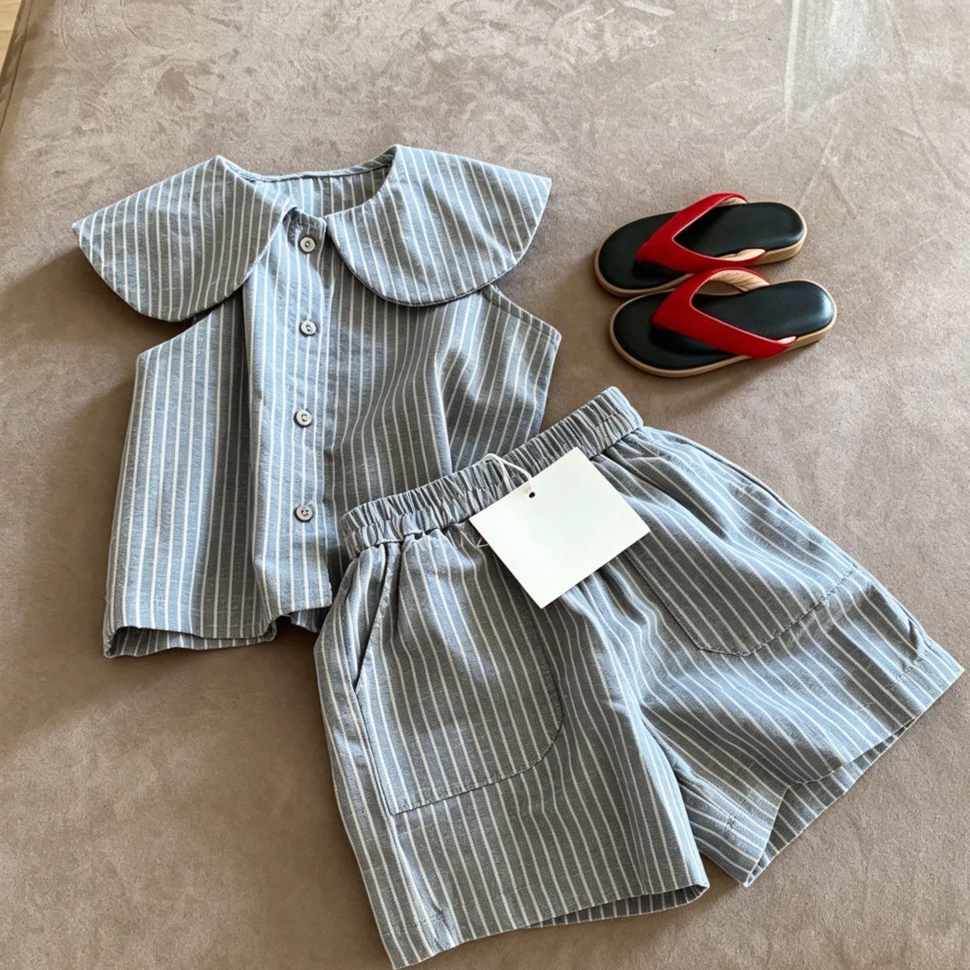 Kids Wide Lapel Stripe Sleeveless Top and Pants Set
