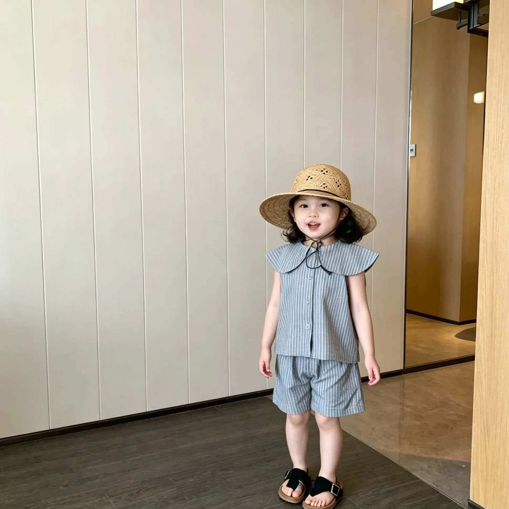 Kids Wide Lapel Stripe Sleeveless Top and Pants Set