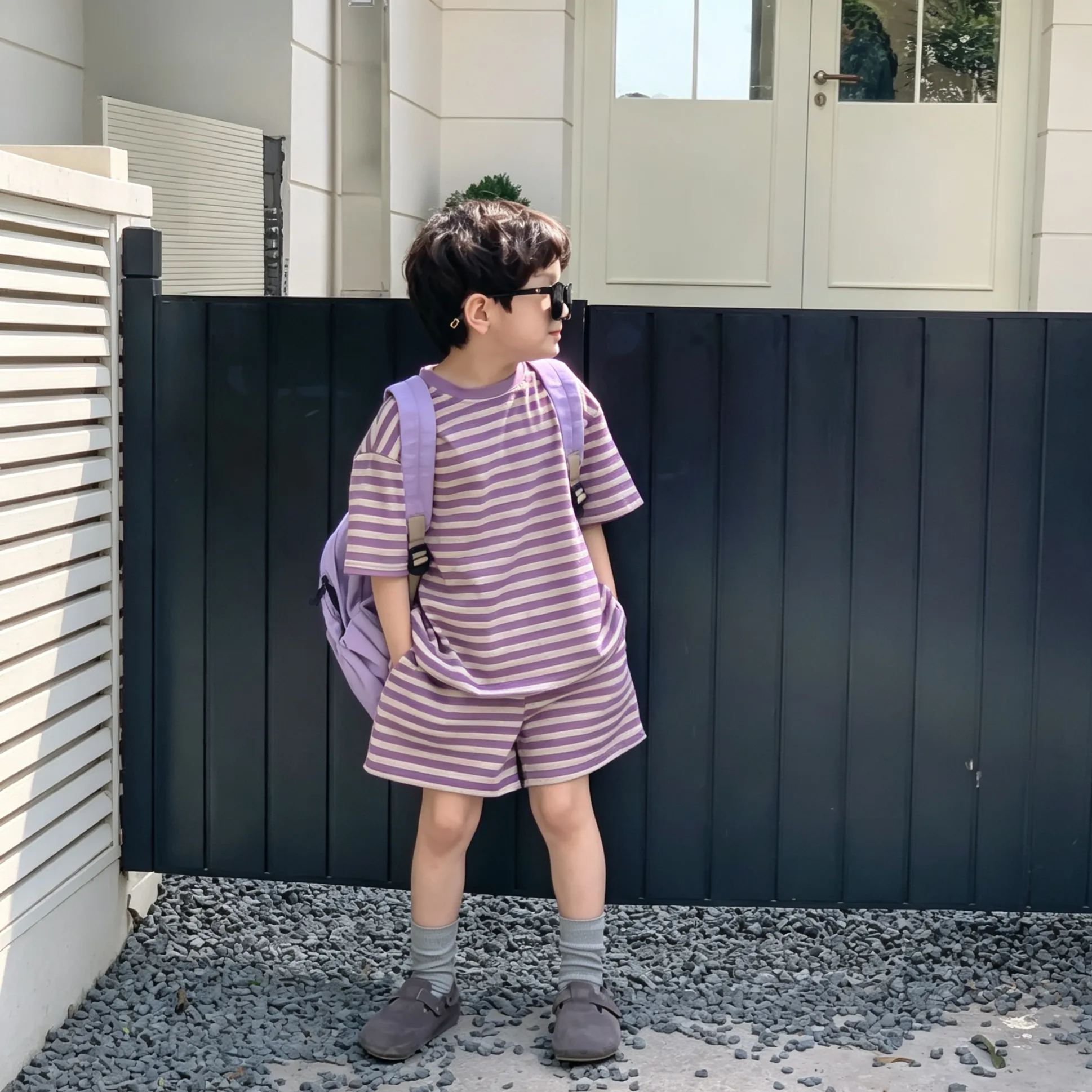 Kids Purple Stripes Top and Short Pants Set