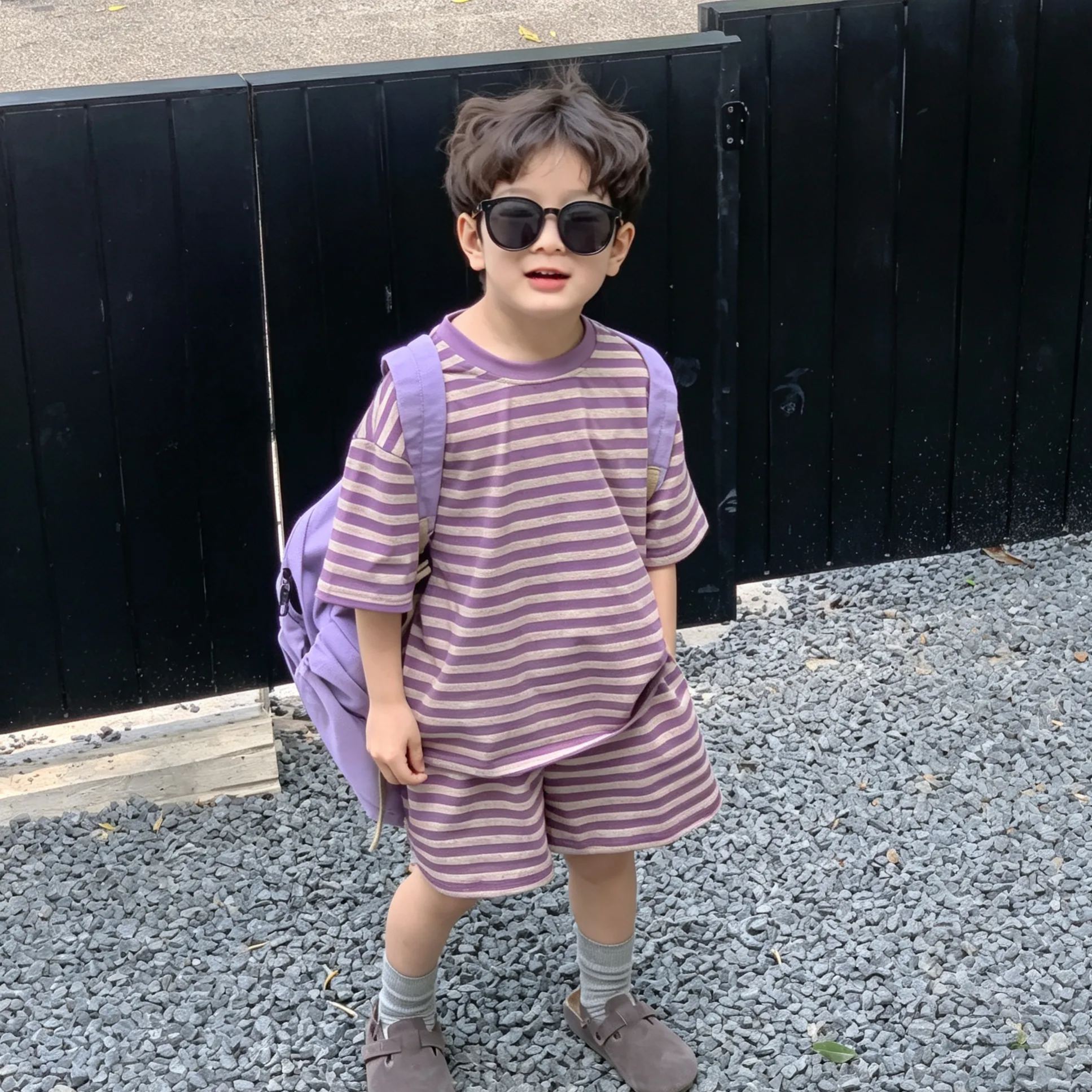Kids Purple Stripes Top and Short Pants Set