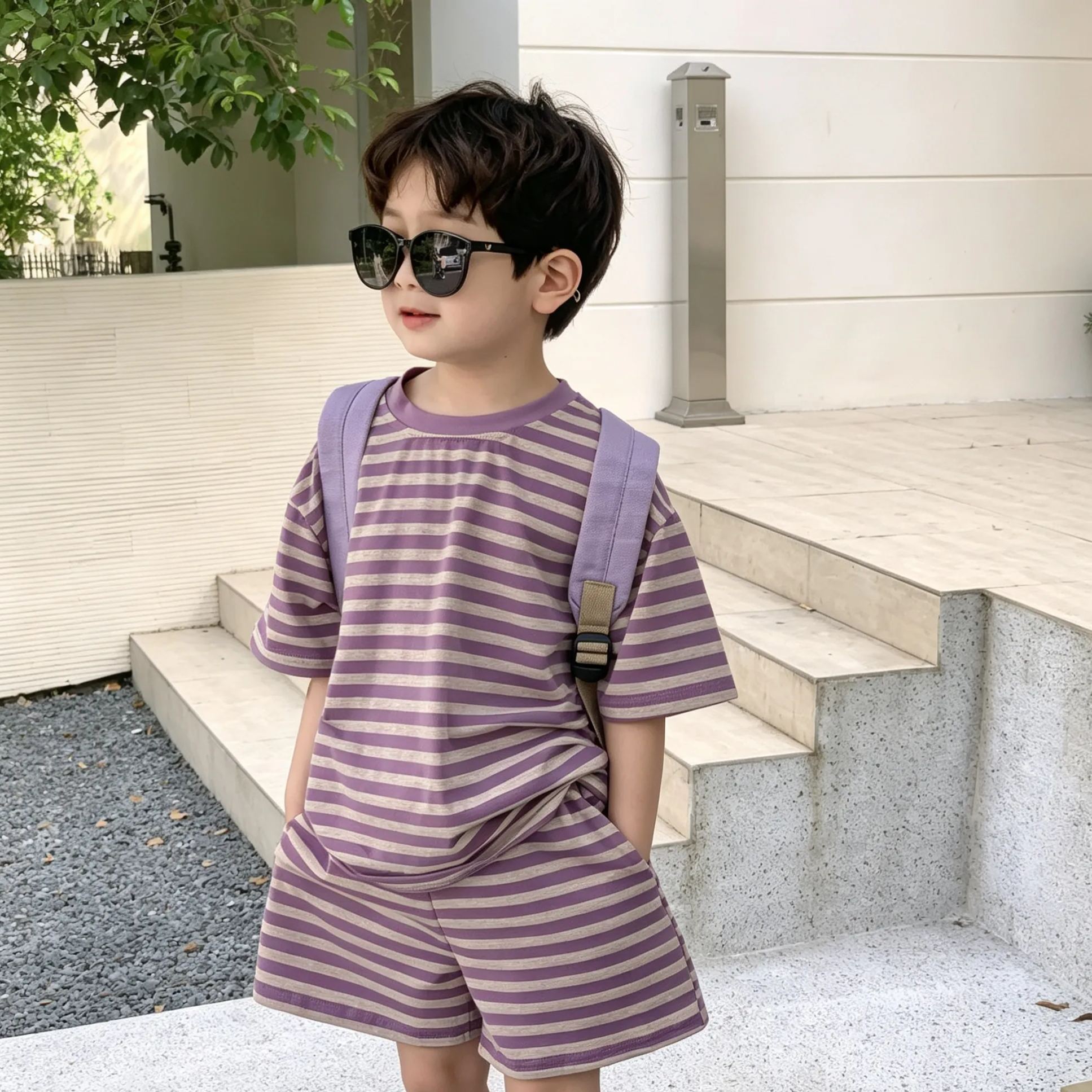 Kids Purple Stripes Top and Short Pants Set