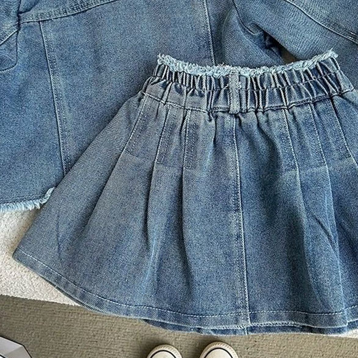 Kids Washed Denim Outerwear and Short Skirt Set