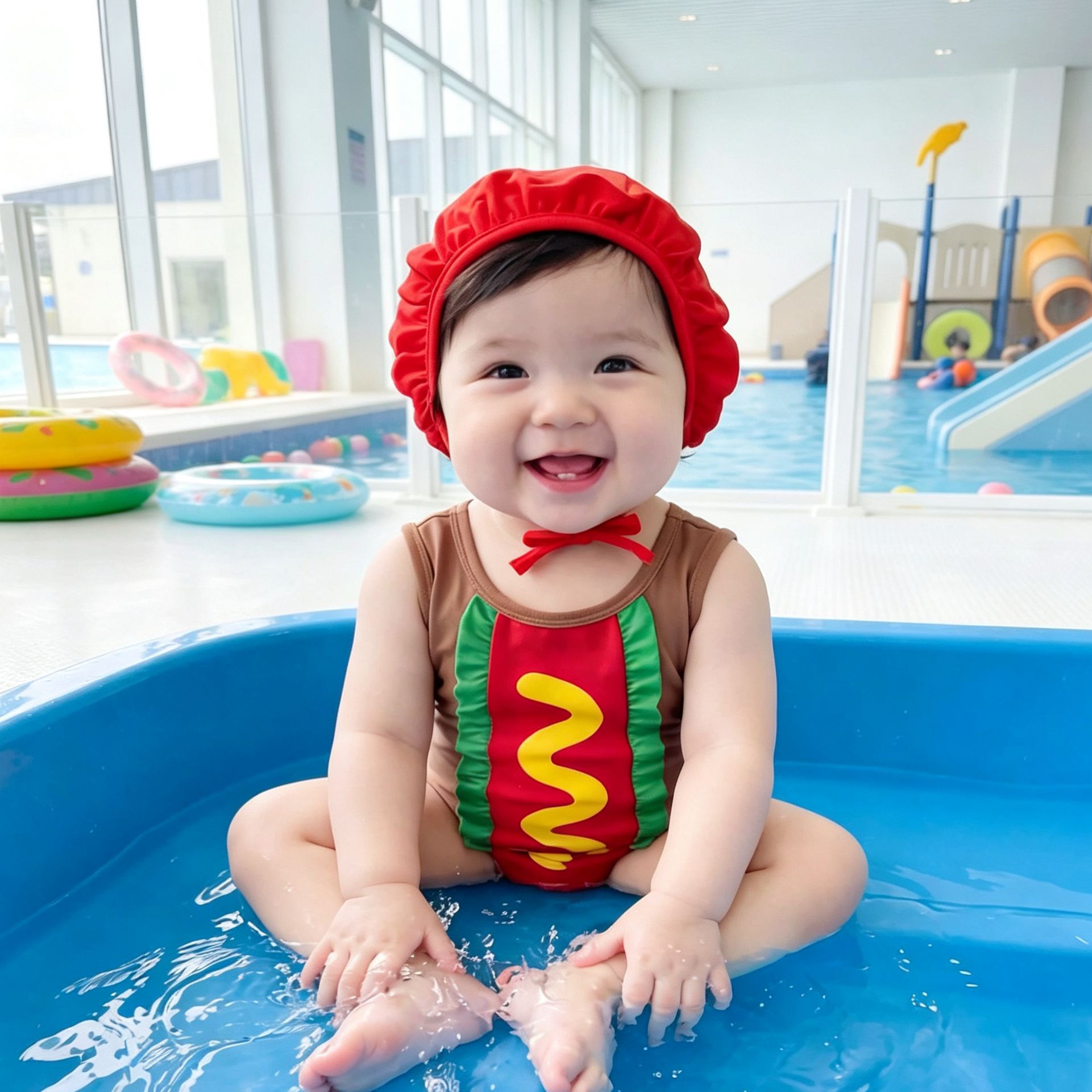 Baby Toddler Hot Dog Shaped Swimsuit Set With Hat