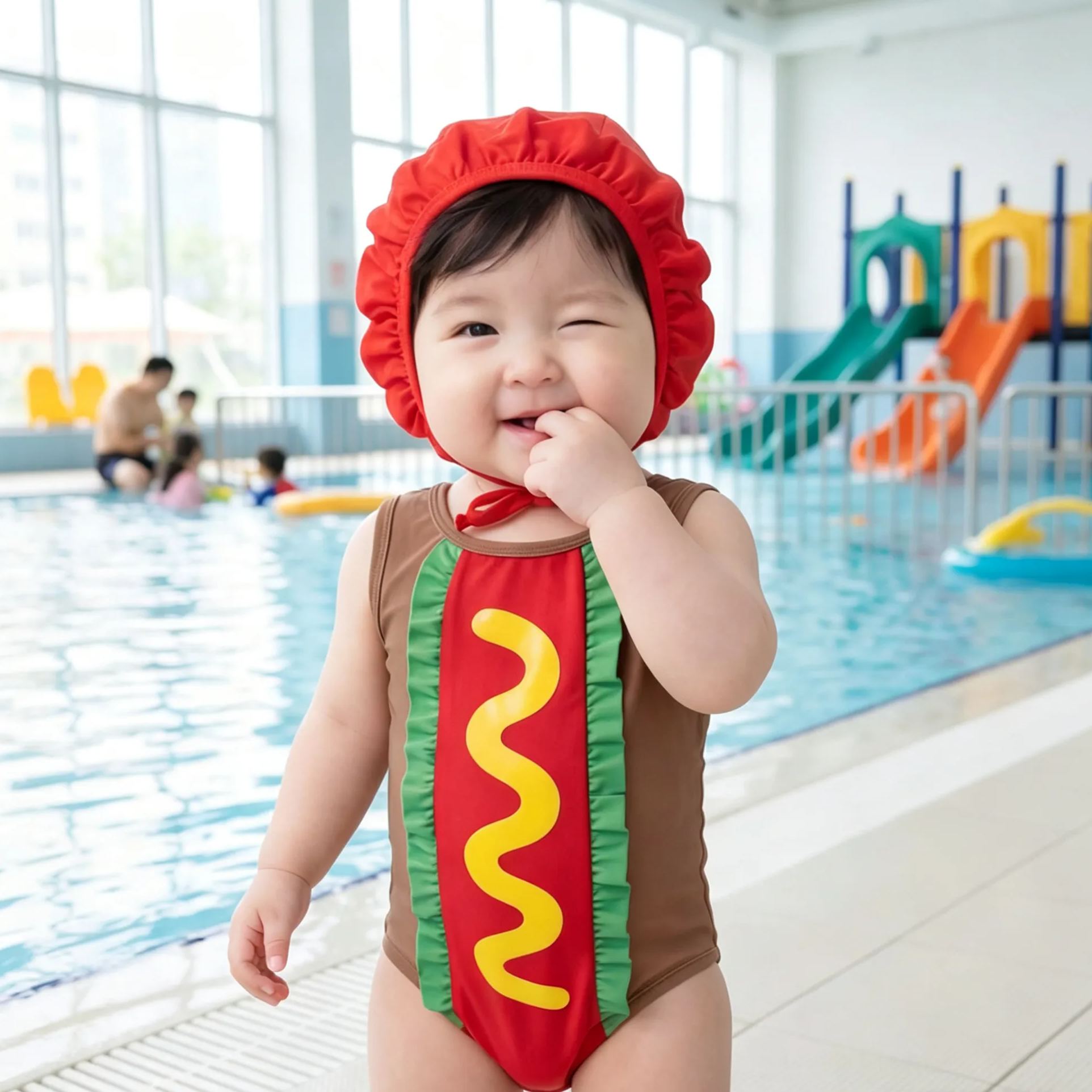 Baby Toddler Hot Dog Shaped Swimsuit Set With Hat