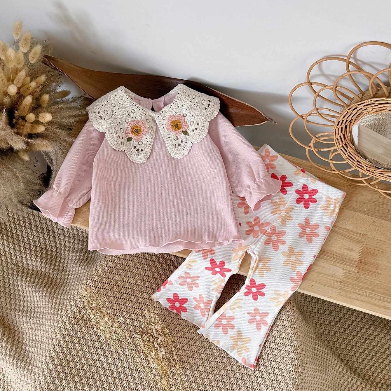 Baby Lace Collar Top and Flowers Pants Set 