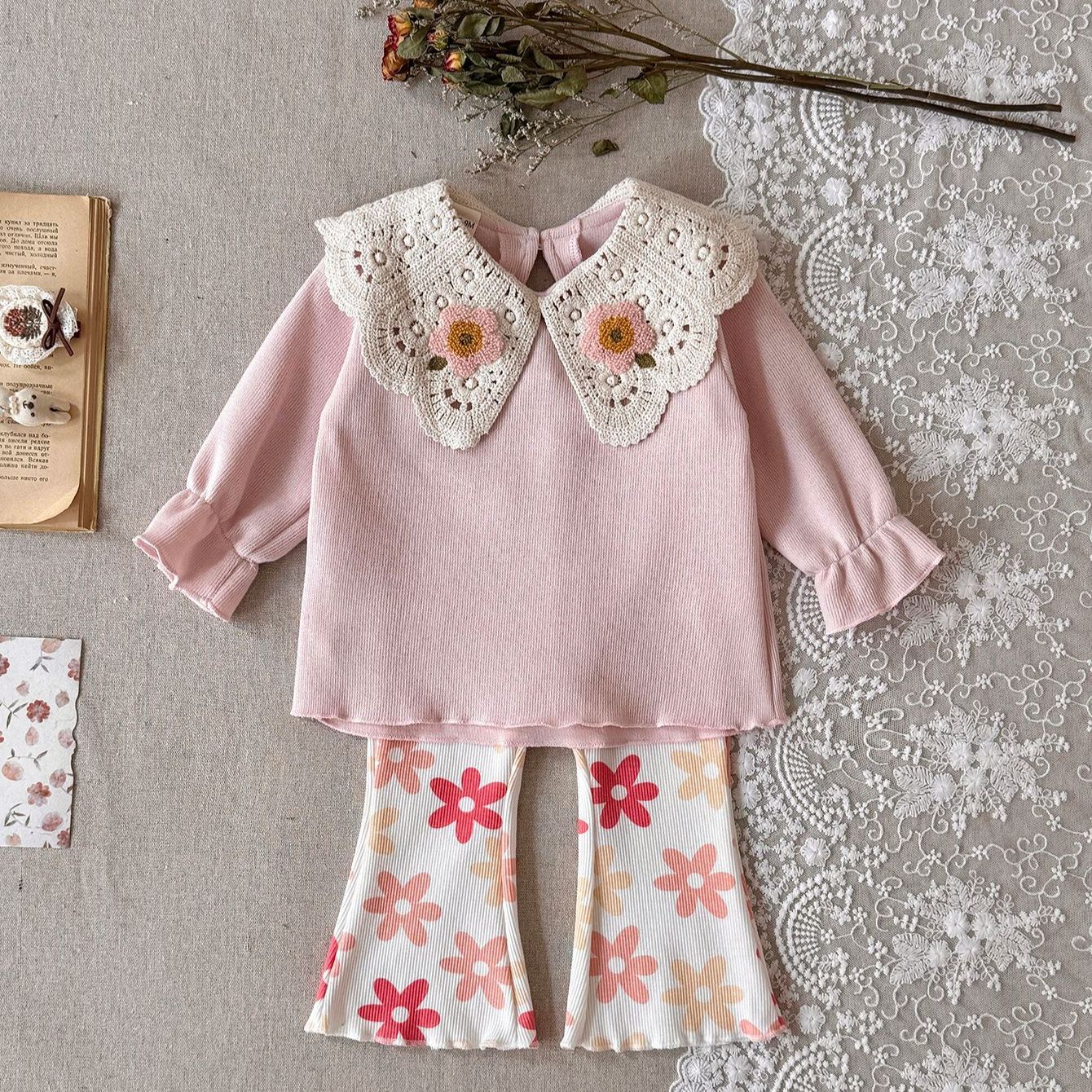 Baby Lace Collar Top and Flowers Pants Set 