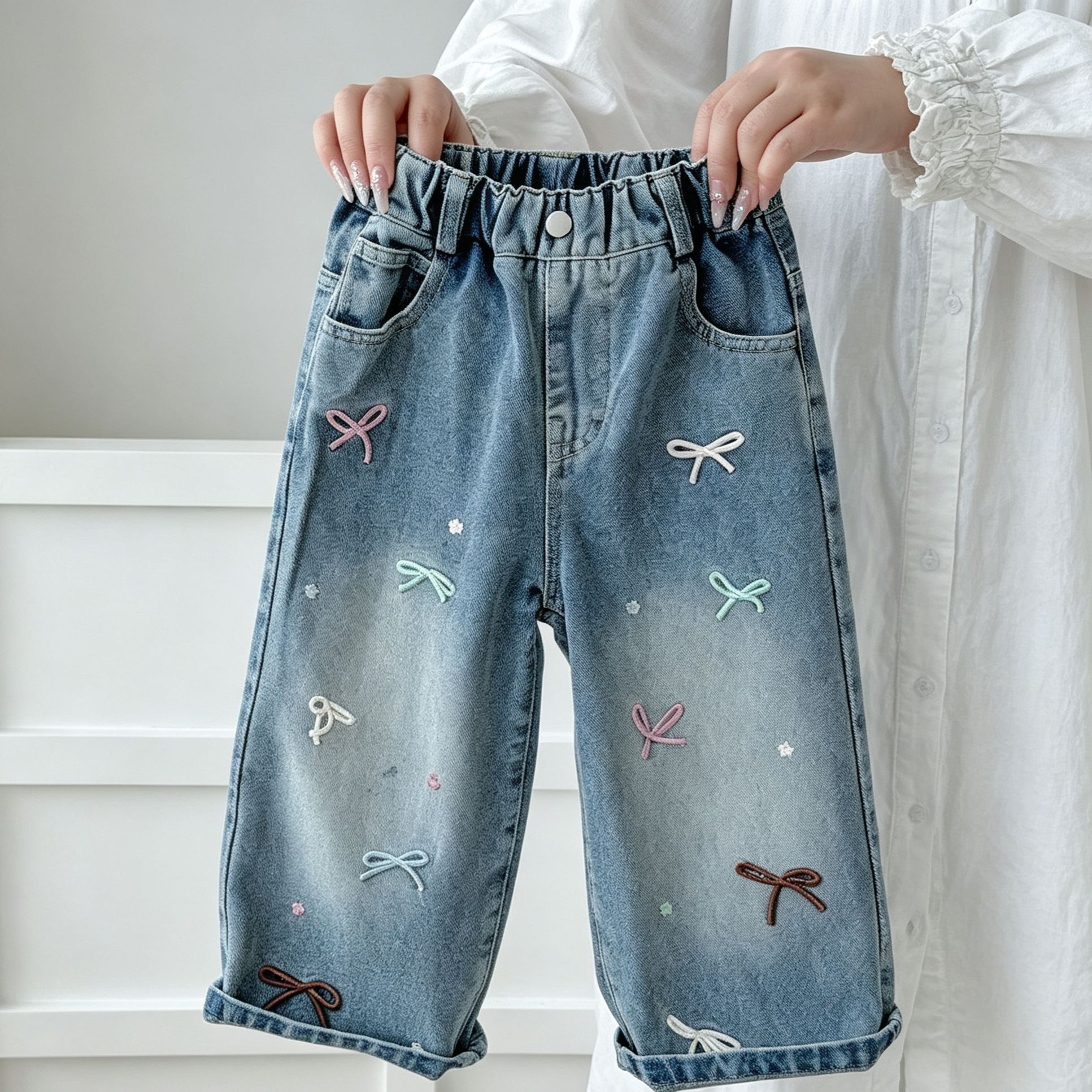 Kids Colorful Bow Embroidery Denim Pants