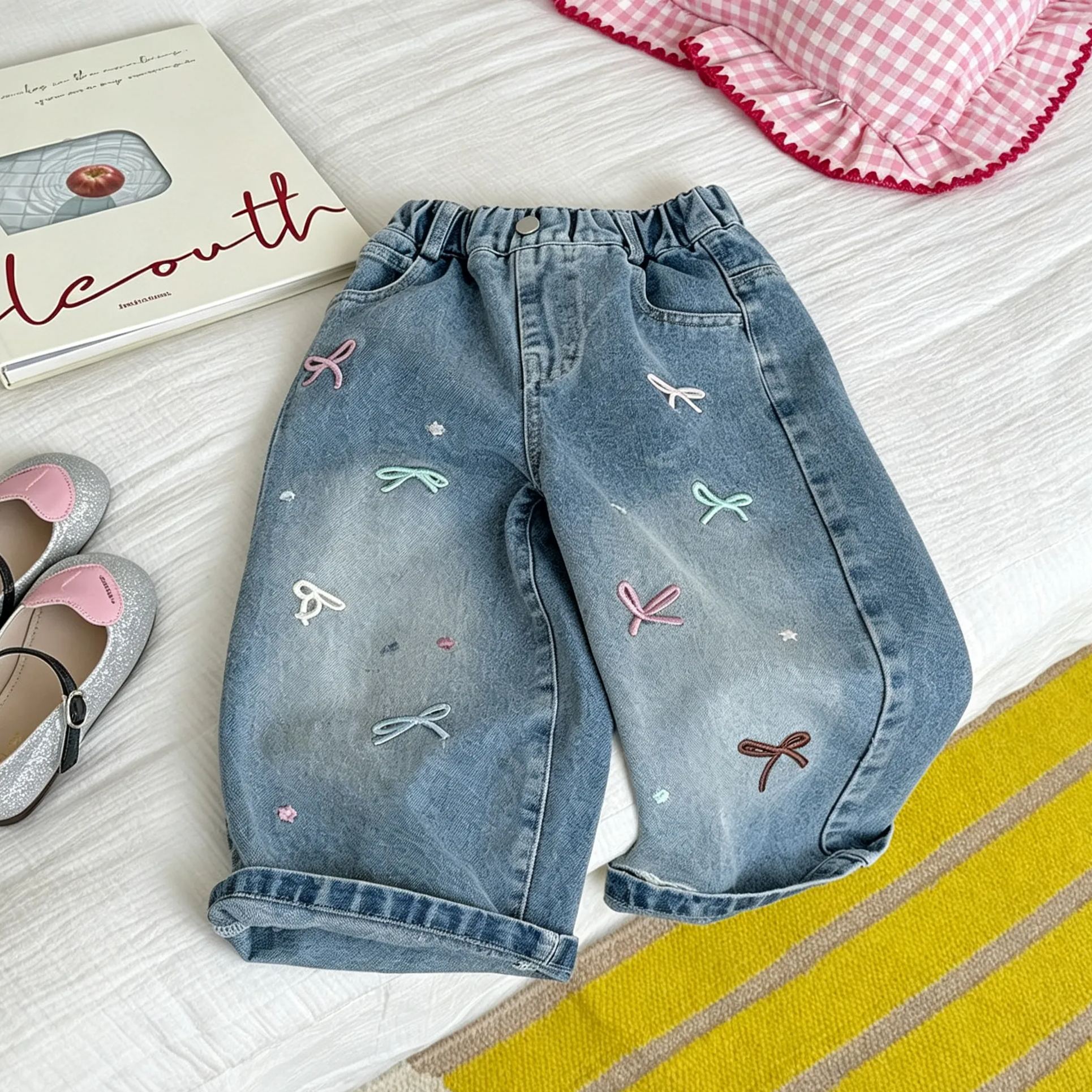 Kids Colorful Bow Embroidery Denim Pants