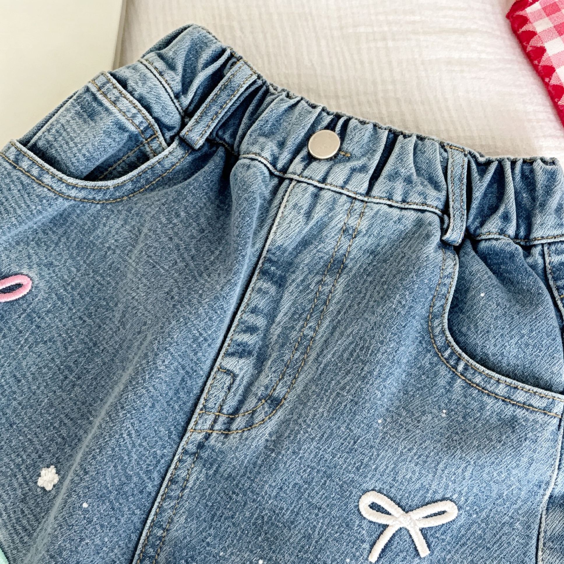 Kids Colorful Bow Embroidery Denim Pants