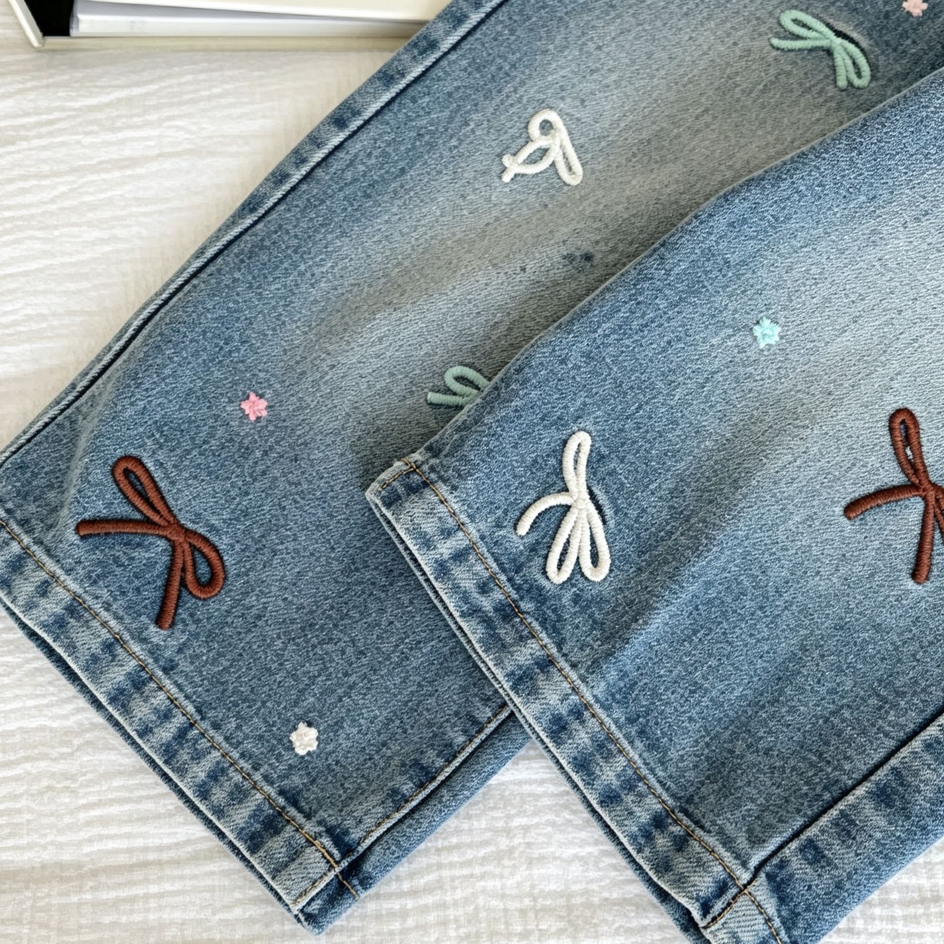 Kids Colorful Bow Embroidery Denim Pants
