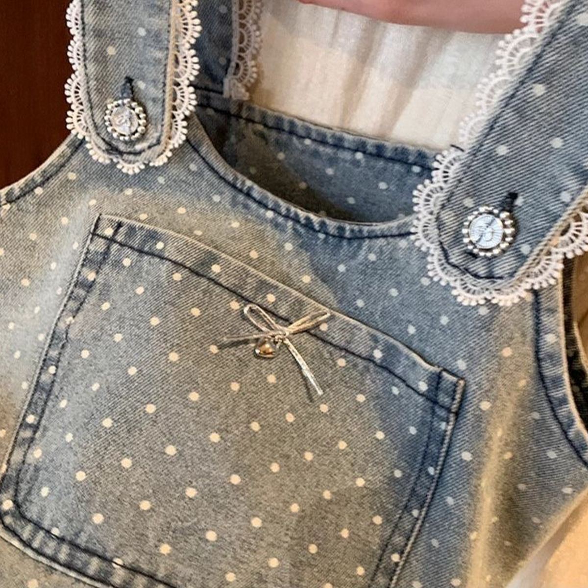 Kids Lace Polka Dots Cami Denim Top and Pants Set