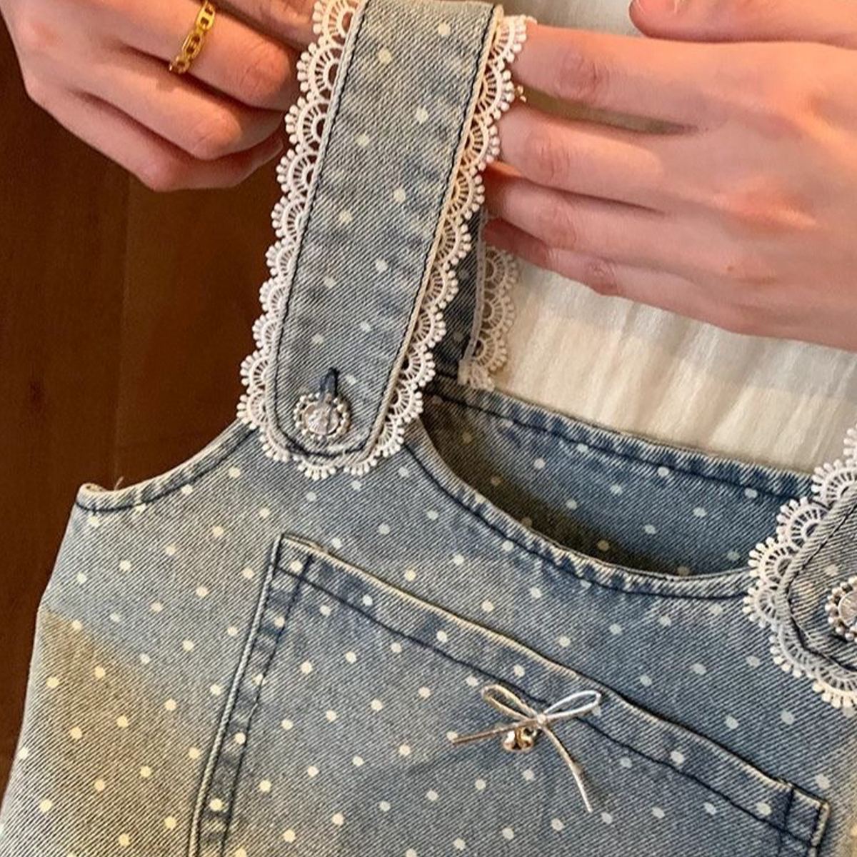 Kids Lace Polka Dots Cami Denim Top and Pants Set